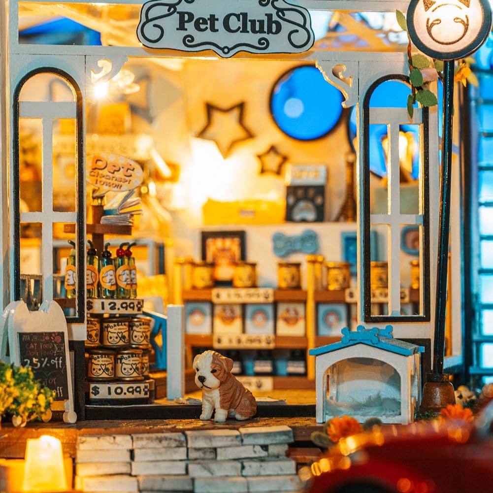 Hands Craft Kit de casa de muñecas en miniatura de bricolaje  Pet Club Store Modelo 3D Edificio de casa pequeña con luces LED, piezas de