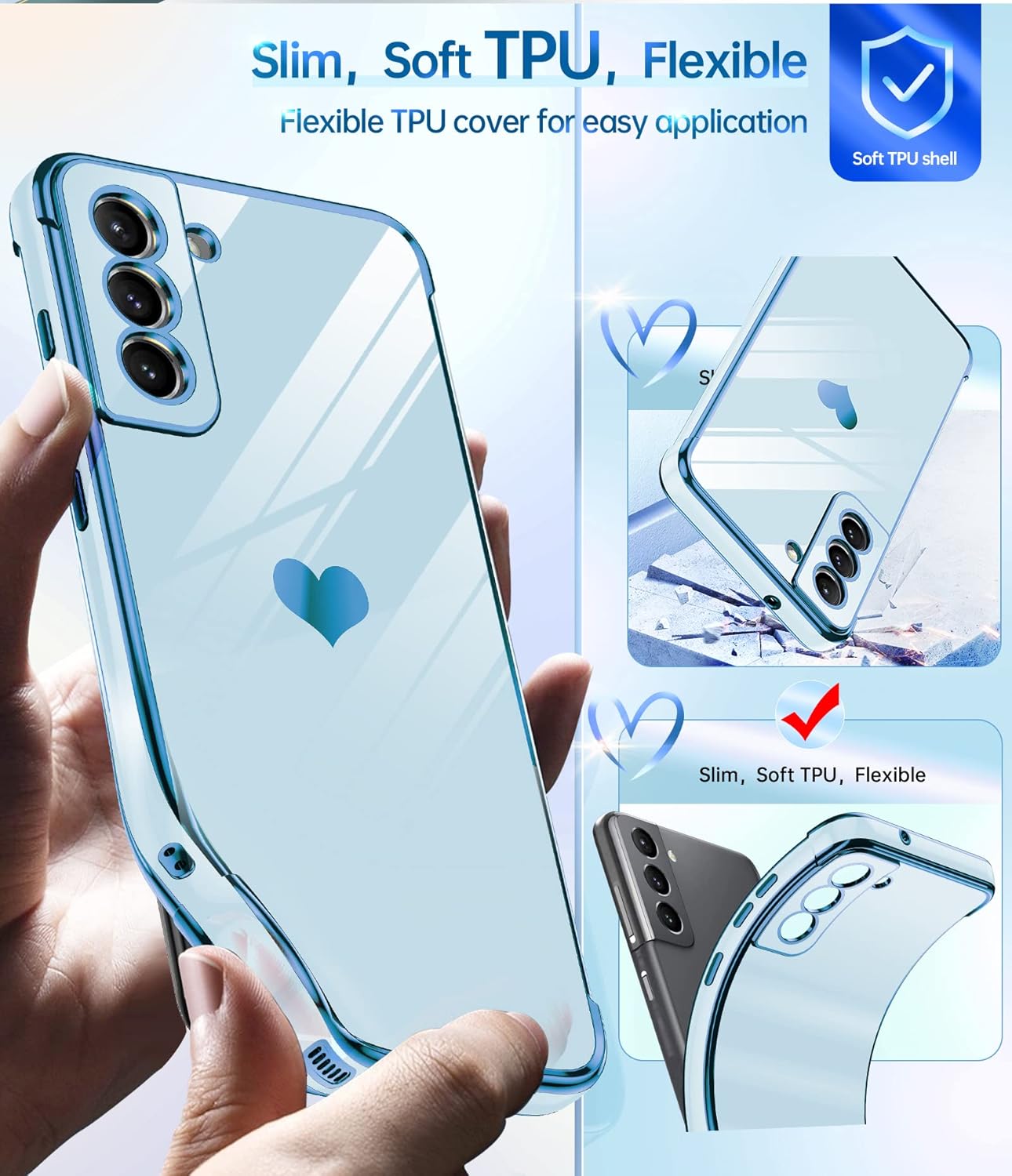 LeYi Funda para Galaxy S21 Fe 5G S21 Fe con protector de pantalla 2 piezas + protección completa de la cámara, chapado en corazón de amor, funda