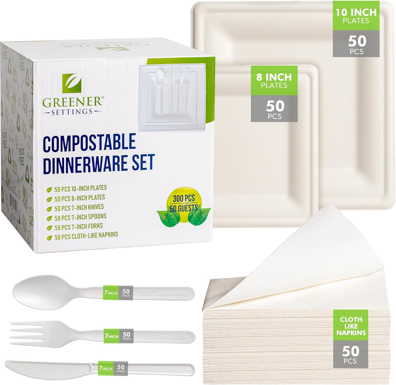 Greener Settings Juego de vajilla compostable de 300 piezas, platos ecológicos de caña de azúcar, biodegradables y desechables, 50 platos cuadrados,
