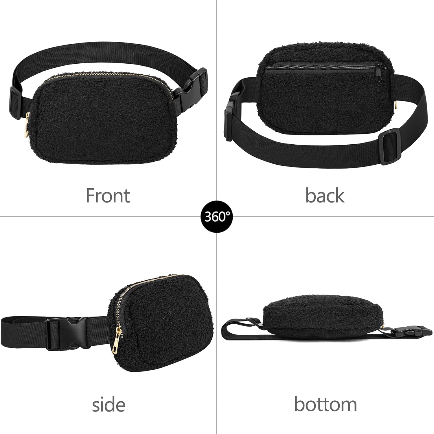Riñonera para correr para mujeres y hombres, bolsa cruzada con correa ajustable para deportes, Negro(Fleece Black), Riñonera de forro polar