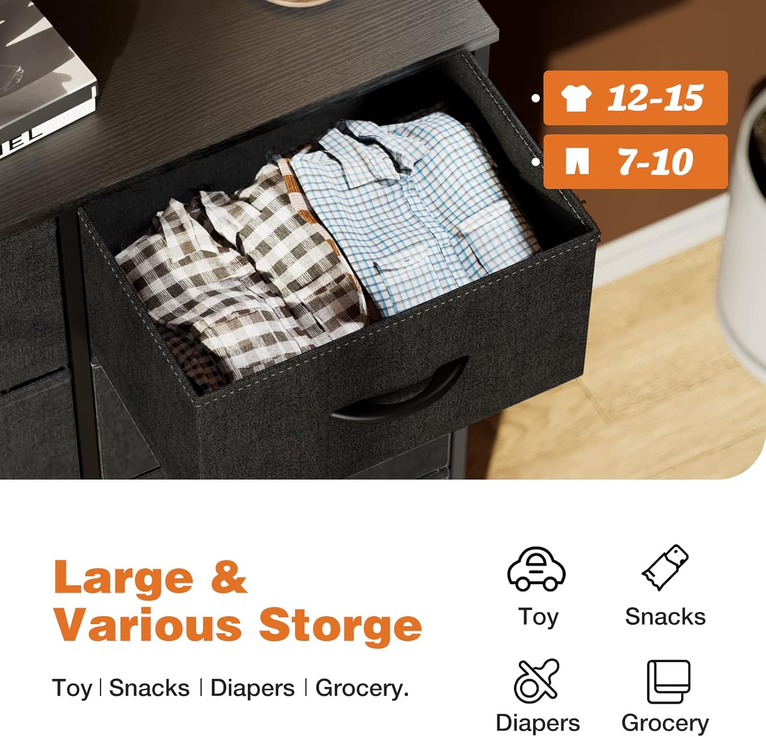 Sweetcrispy Cómoda para dormitorio, cajón alto, organizador de aparador, cajones de almacenamiento, torre de almacenamiento de tela con 8 cajones,