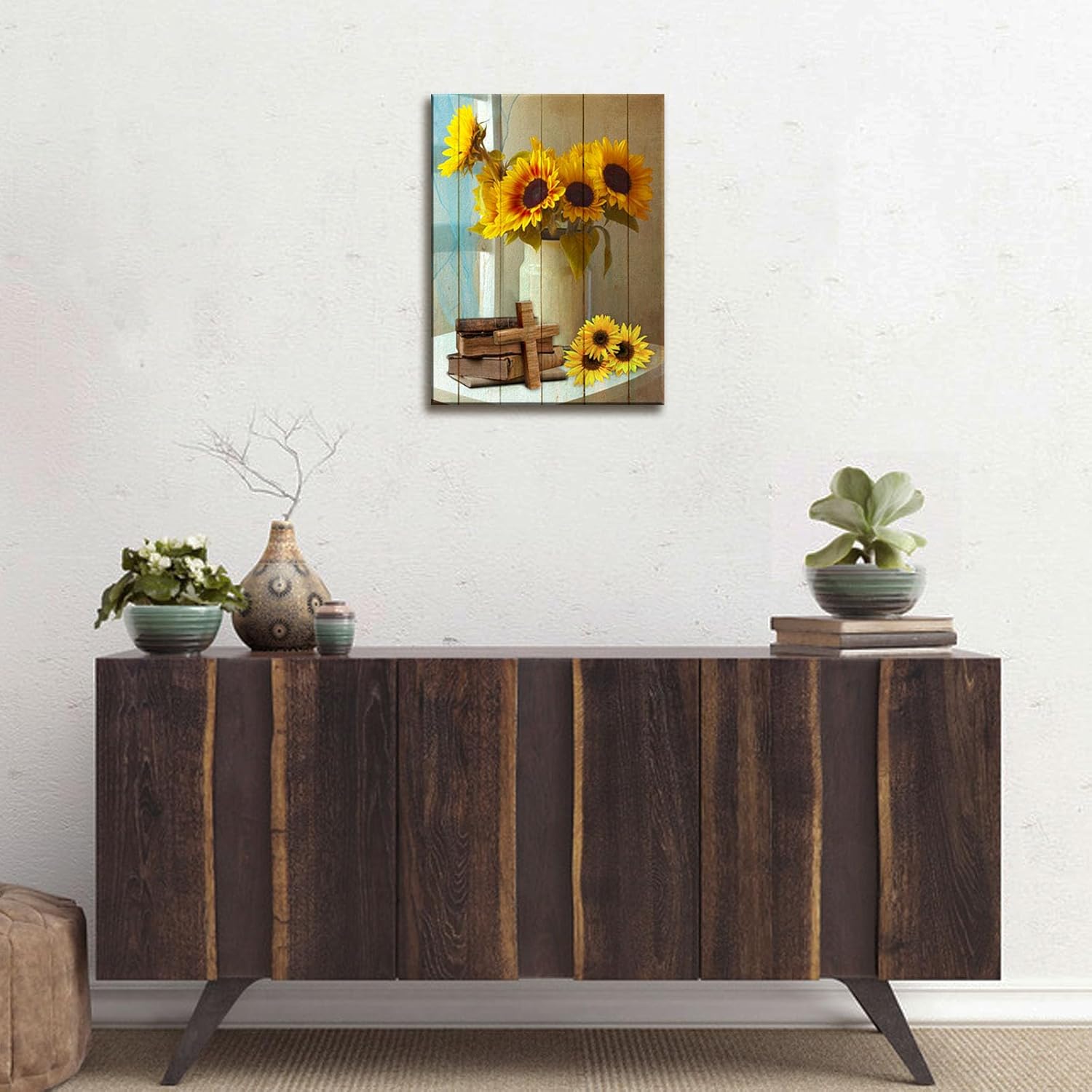 Typruye Lienzo decorativo para pared, diseño de girasoles, símbolo de cruz de madera, inspirador, decoración del hogar para sala de estar,
