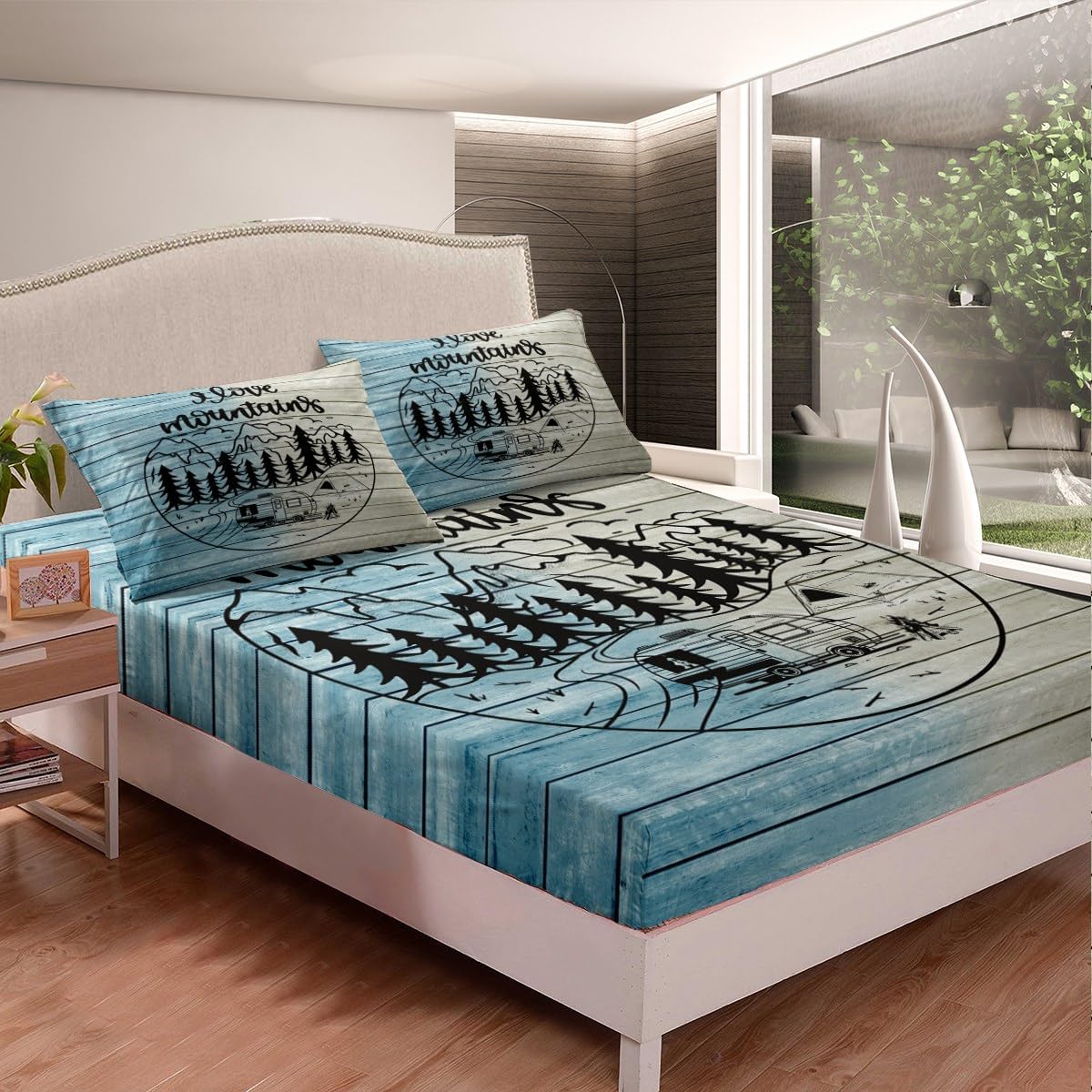 Camper Decor Sábanas de cama Happy Camping, sábana bajera ajustable de campamento con juego de cama de montaña, juego de cama de verano para