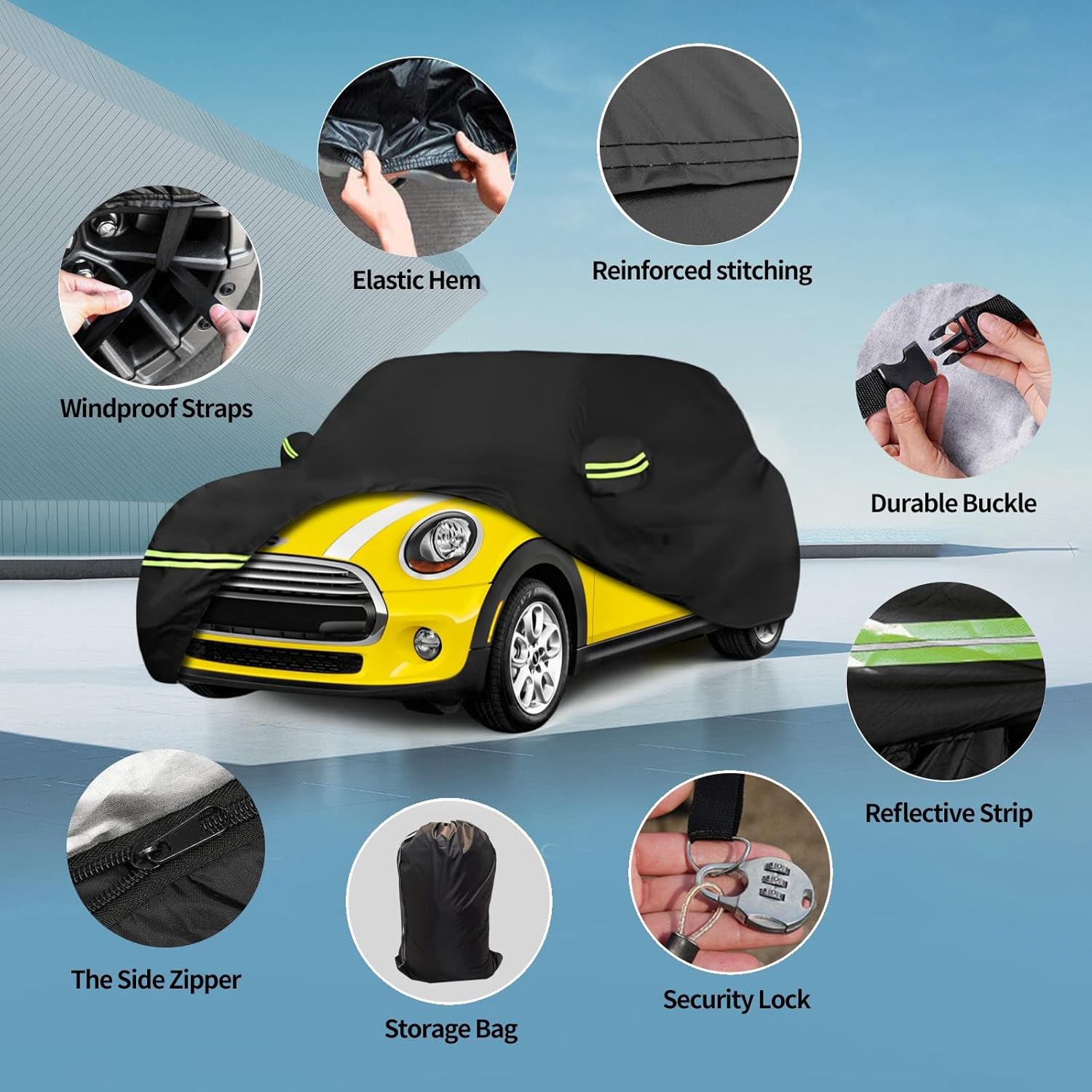 Fundas impermeables de coche para Mini Cooper S 2002-2021 de 2 puertas (negro) 210T personalizadas 6 capas resistentes al agua, protección para todo