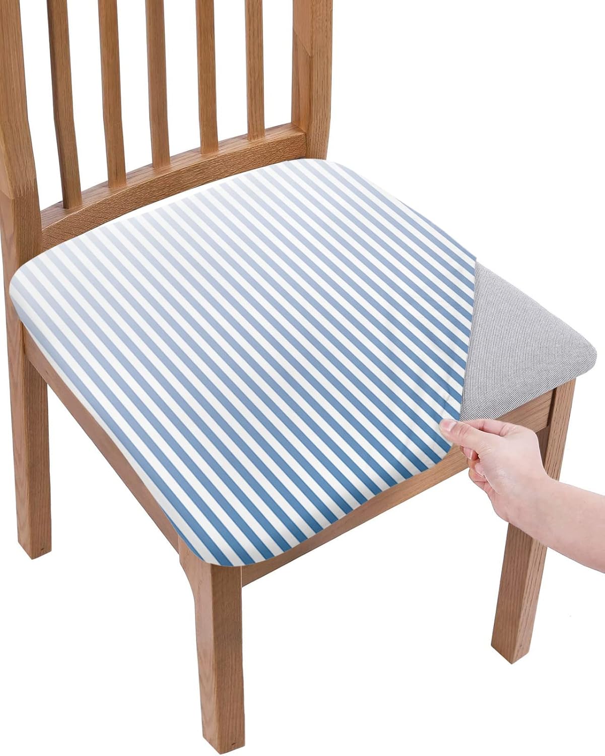 Juego de 6 fundas de asiento elásticas para sillas de comedor, color azul y blanco, a rayas finas degradadas, extraíbles y lavables, para oficina,