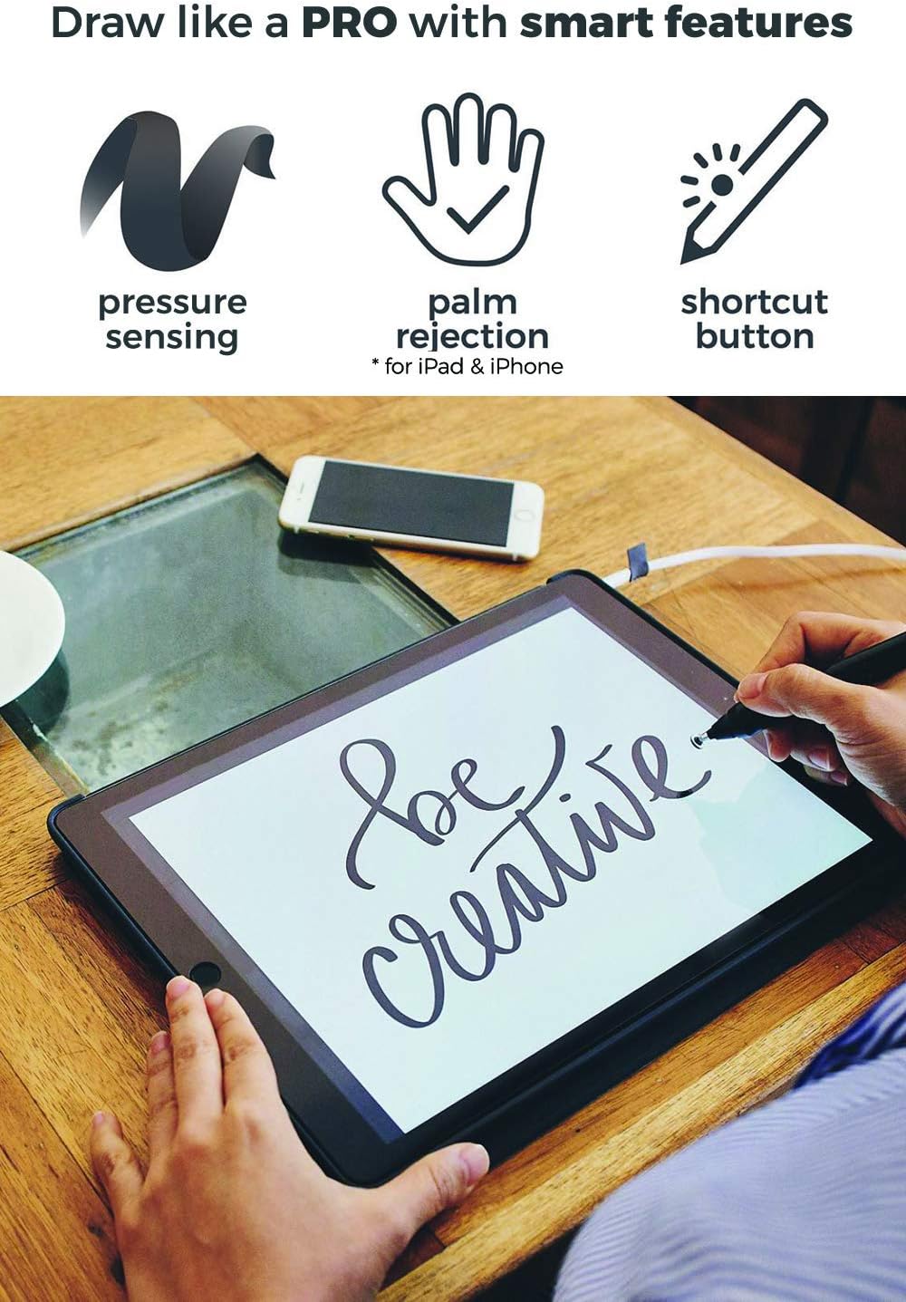 SonarPen – Lápiz capacitivo inteligente sensible a la presión con rechazo de palma y botón de acceso directo. Menos batería. Compatible con Apple