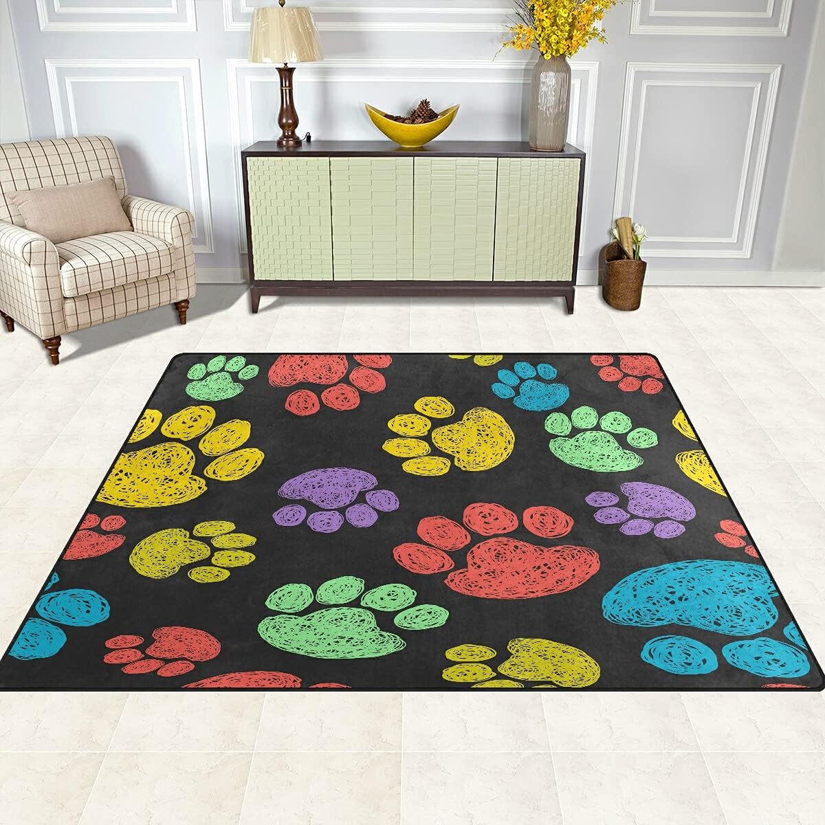 ALAZA Alfombra antideslizante con estampado de huellas de patas, de 4 x 5 pies, para sala de estar, comedor, dormitorio, cocina, pasillo, oficina,