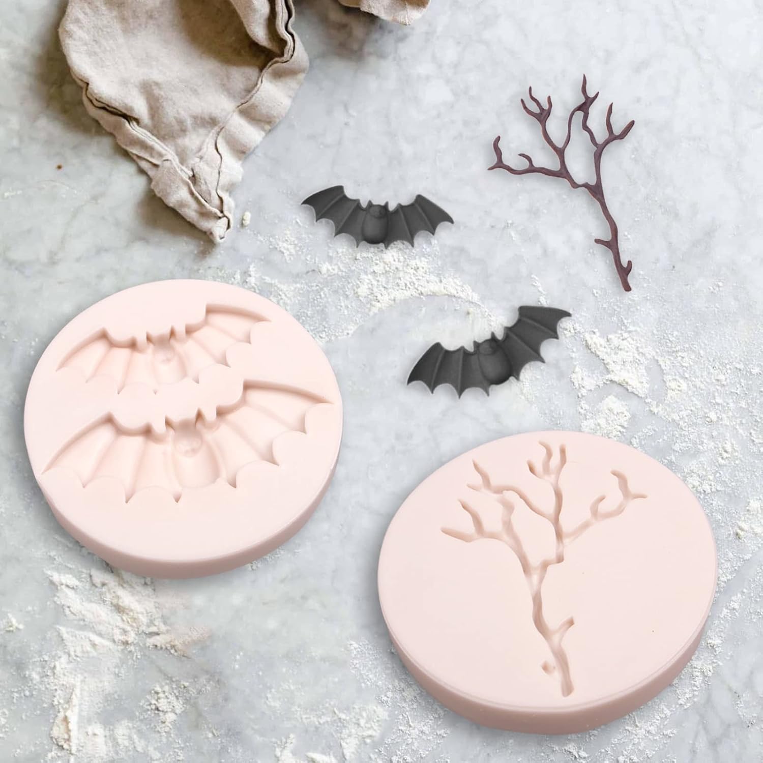 Moldes de silicona para murciélagos de Halloween, 6 unidades, molde de calabaza araña, fantasma, fondant, calavera, ramitas, molde para pastel de