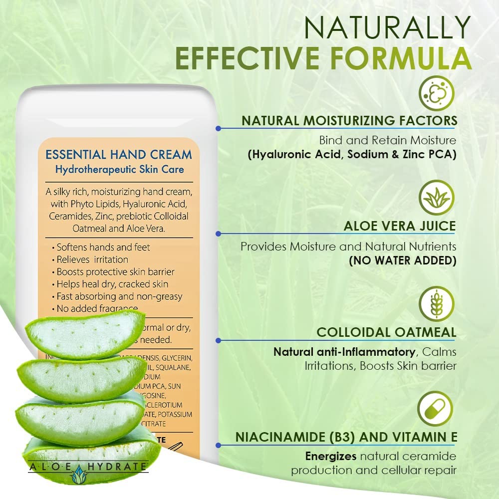 AloeHydrate Crema de manos esencial alivia, repara, suaviza y suaviza las manos y pies secos, las cutículas y la piel agrietada. Loción de manos no
