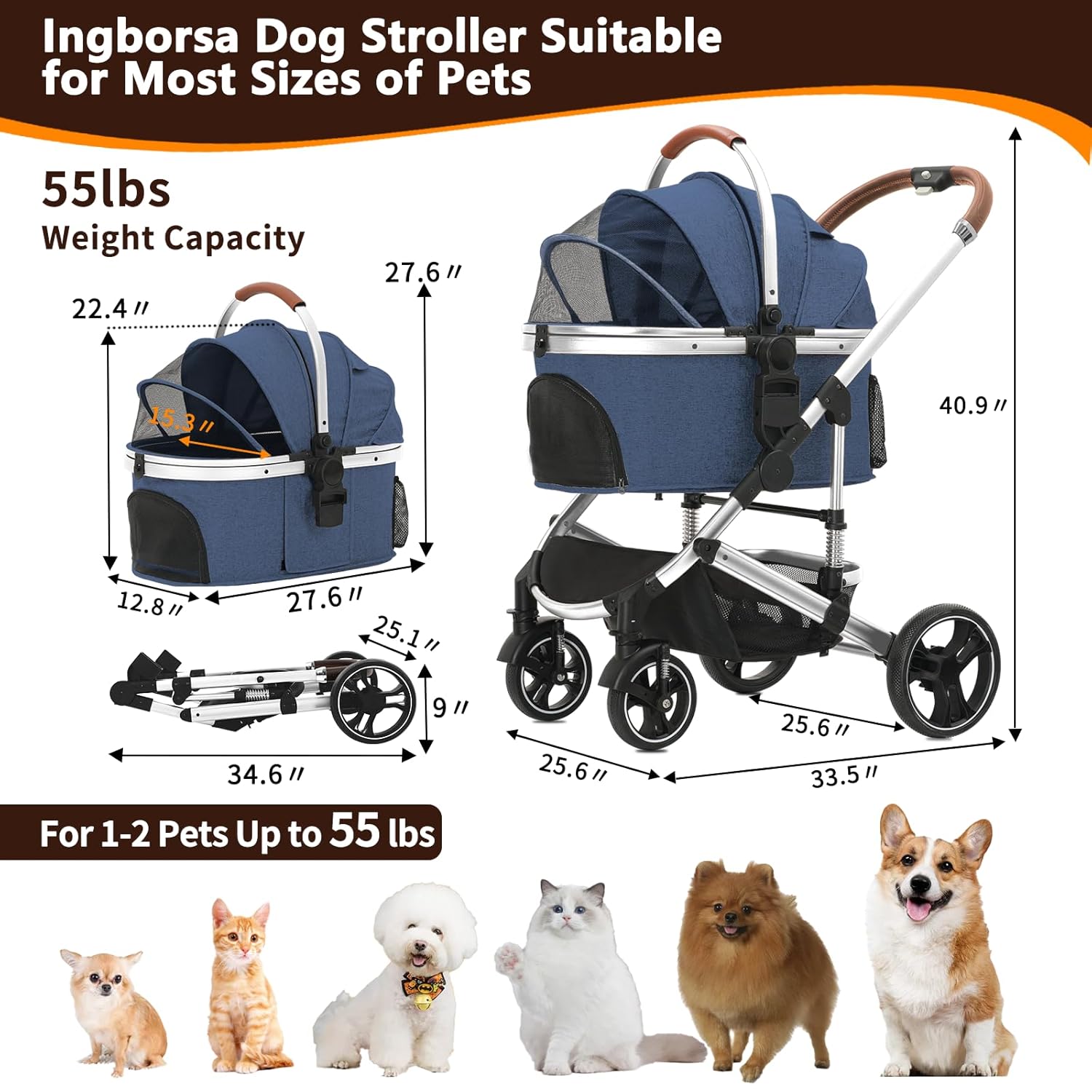 Ingborsa Cochecito para mascotas 3 en 1, plegable, ligero, con transportador desmontable y cesta de almacenamiento, cochecito de viaje de 4 ruedas