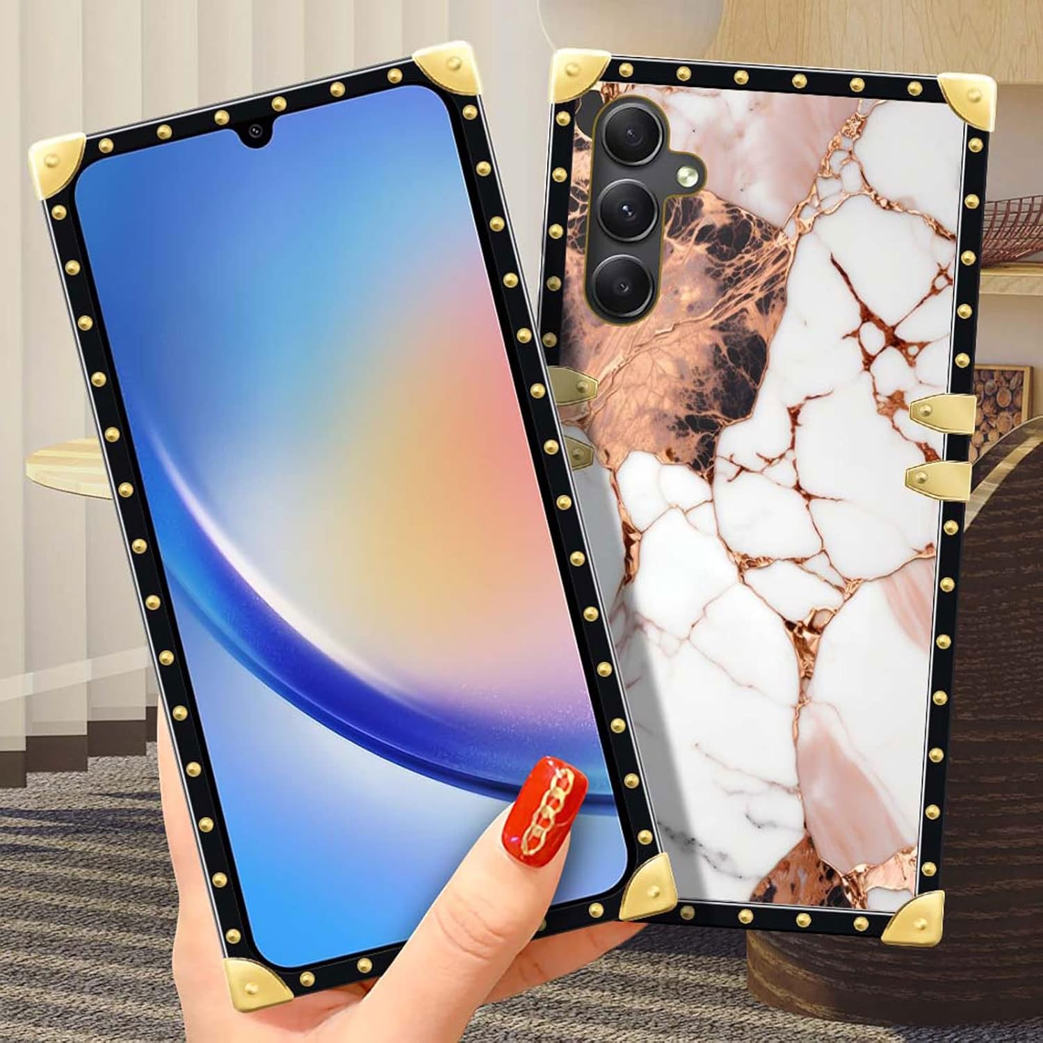 DAIZAG Funda compatible con Samsung Galaxy A54 5G con patrón de mármol natural dorado, funda para teléfono, cuadrado dorado, suave, a prueba de