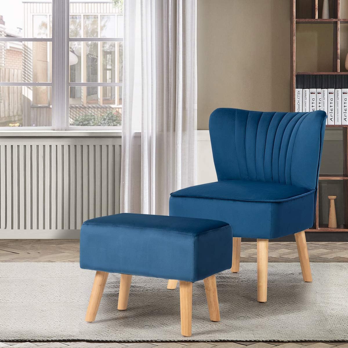 Giantex Silla decorativa de terciopelo con otomana, moderna silla tapizada con reposapiés, patas de madera firmes, juego de sillas individuales de