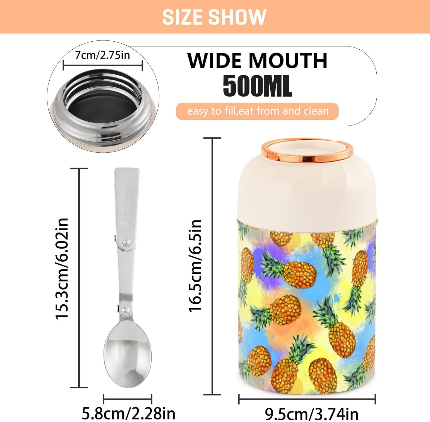 MCHIVER Fruta piña tarro de comida con cuchara de acero inoxidable aislado al vacío contenedor de alimentos 17 oz termo para comida caliente