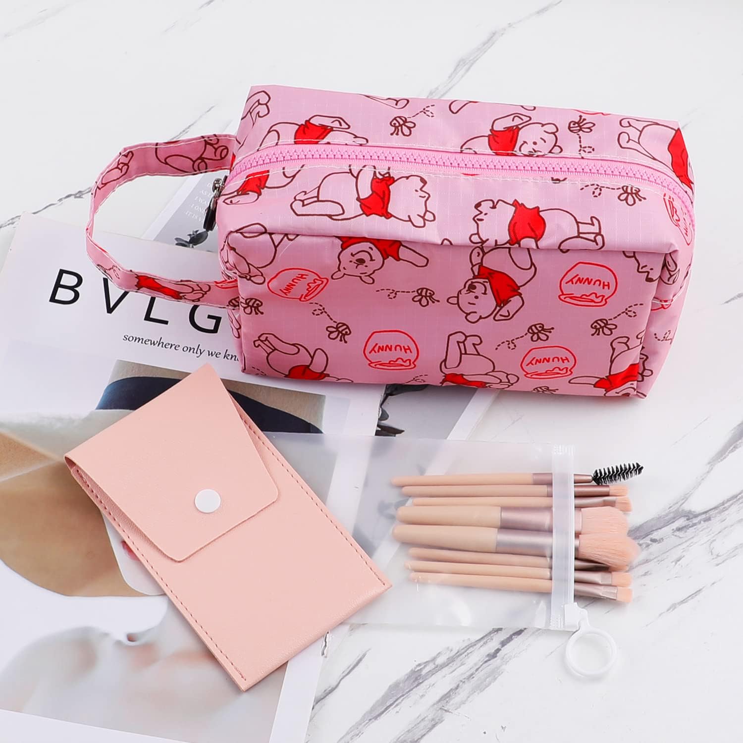 Bolsa de maquillaje de gatito de dibujos animados con cepillo de maquillaje, estuche de cosméticos de puntada de felpa, 8 piezas, bolsa de capacidad