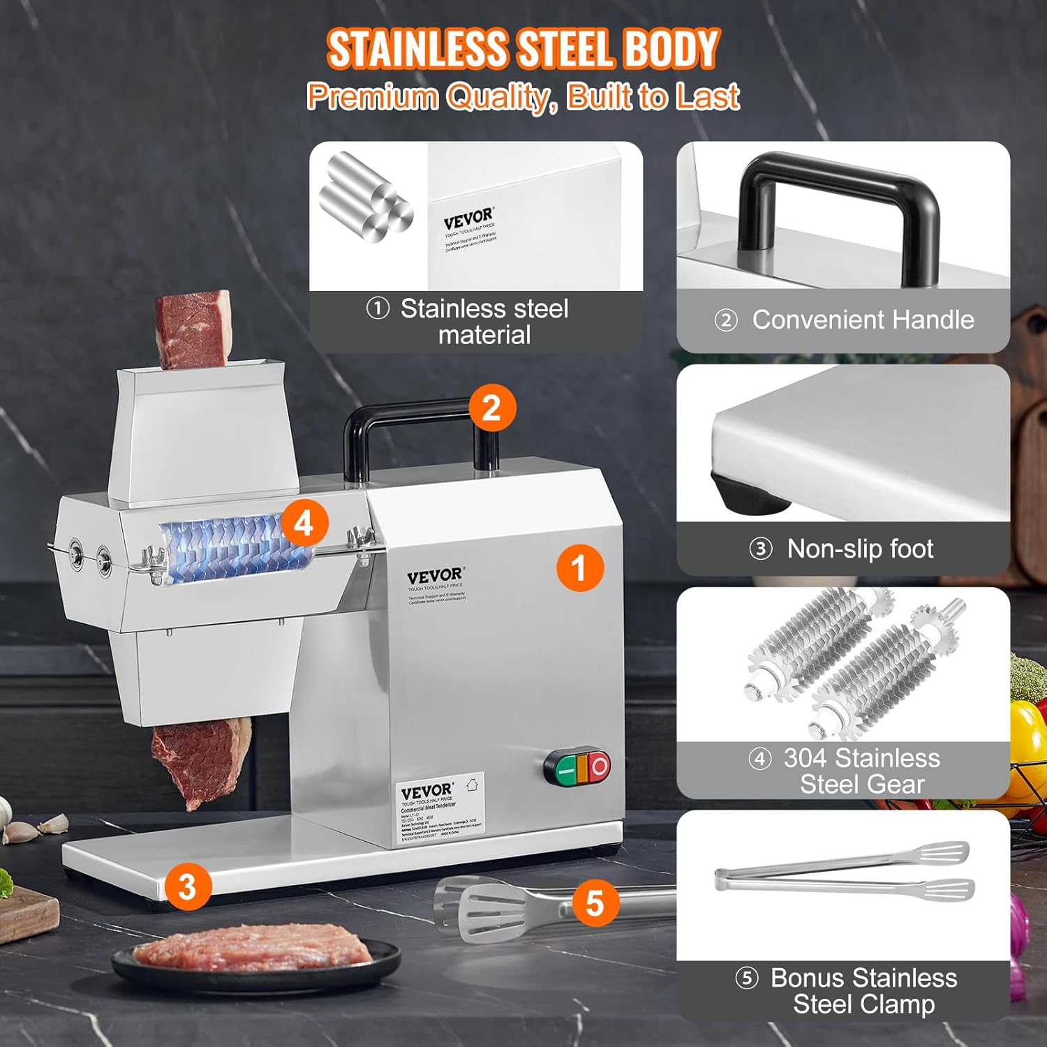 VEVOR Ablandador de carne comercial, herramienta de cocina de acero inoxidable resistente con asa, pinza para carne y cepillo de limpieza, máquina