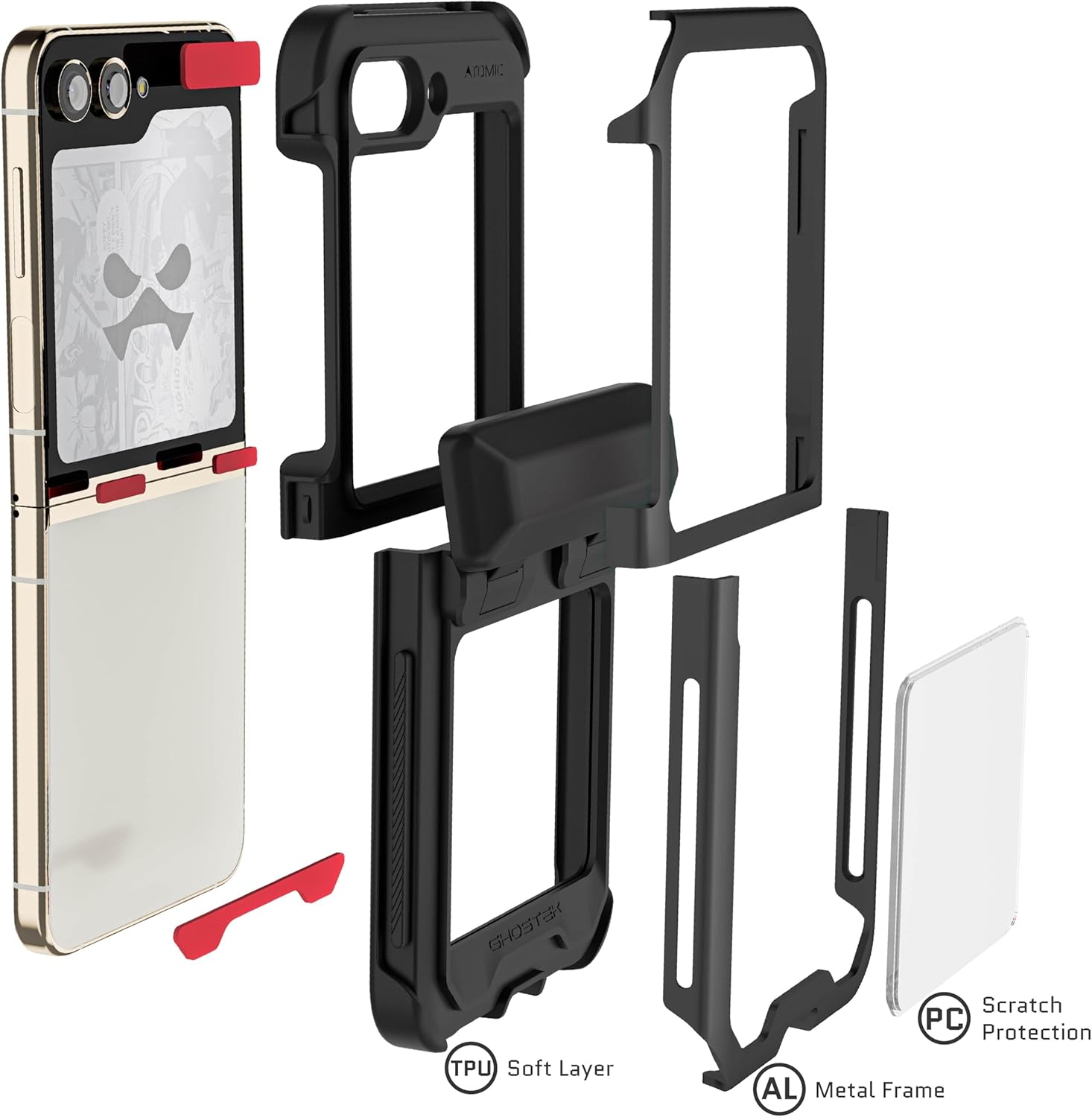 Ghostek ATOMIC – Funda delgada para Galaxy Z Flip5 transparente con parachoques de metal de aluminio negro de primera calidad, resistente,