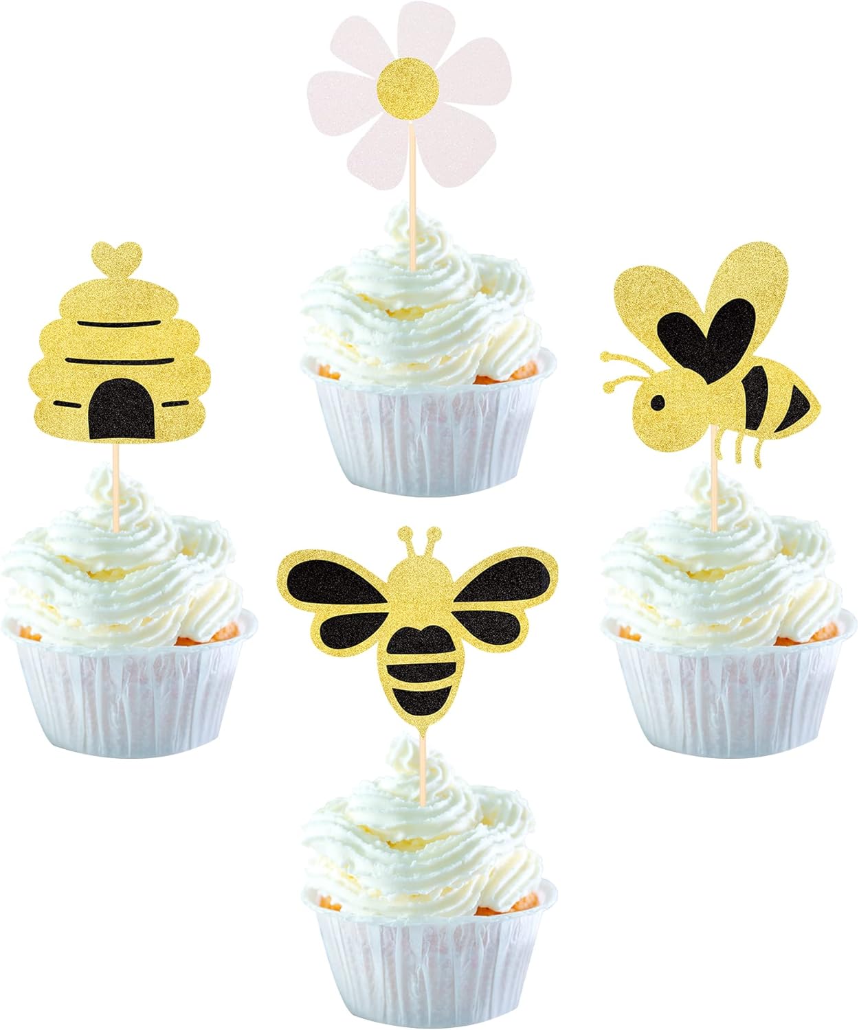 Paquete de 24 adornos para cupcakes de abejorros con purpurina de abeja, panal, panal, cupcakes, para revelación de género, baby shower, niños,