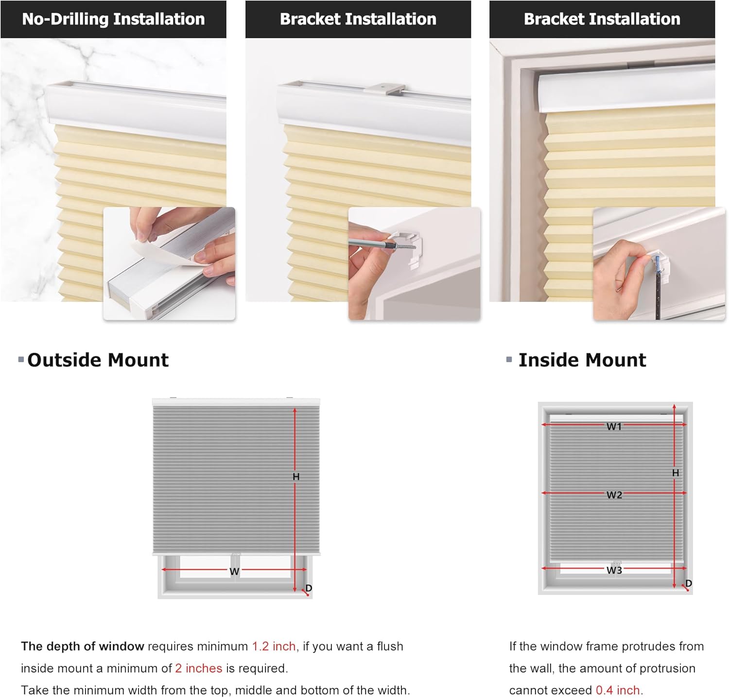 LazBlinds No Tools No Drill – Persianas celulares sin cordones, opacas con diseño de panal para oscurecer la habitación, persianas plisadas para