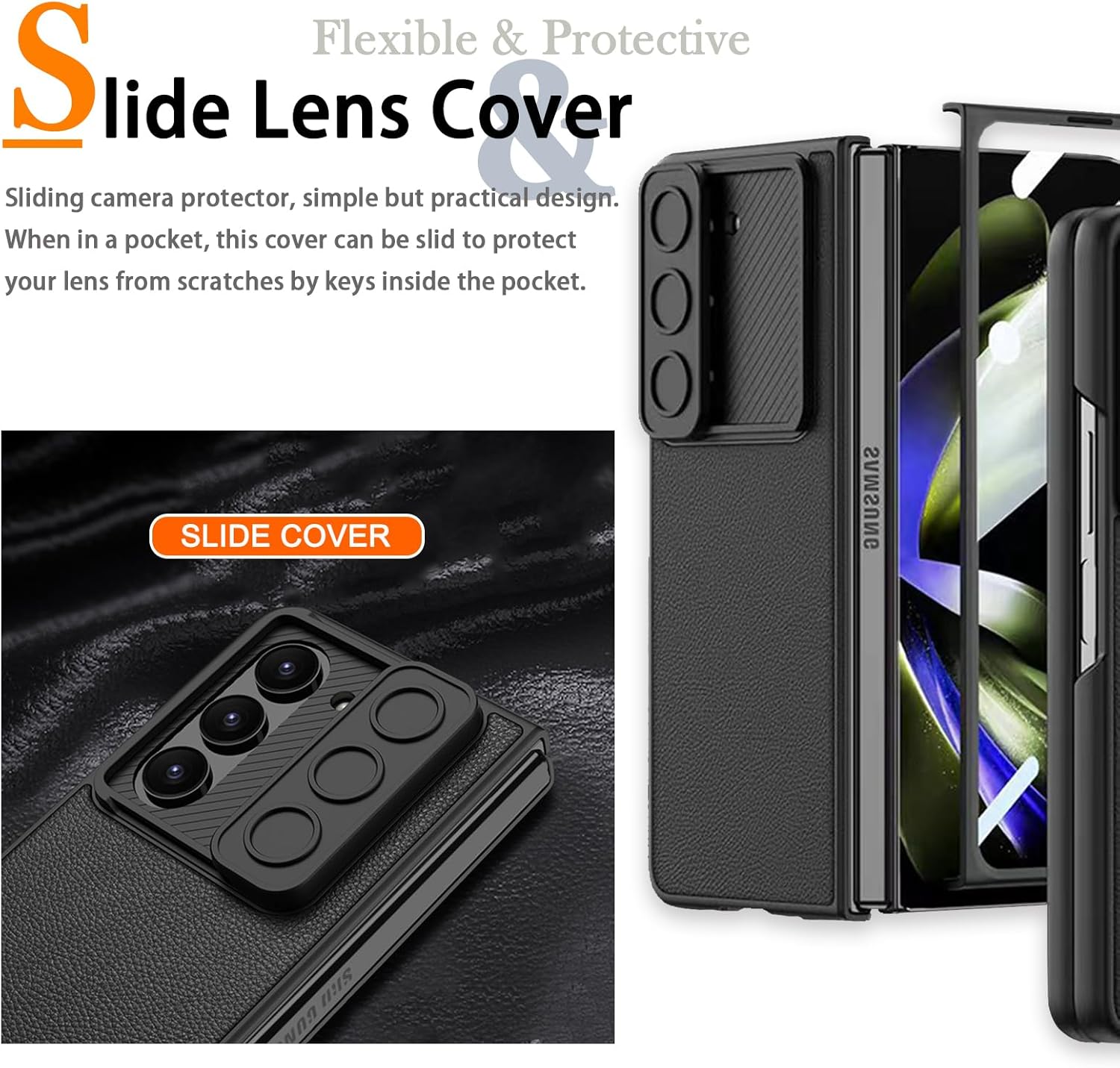 Miimall Funda de piel compatible con Samsung Galaxy Z Fold 5, protector de pantalla frontal, funda deslizante para cámara, funda antiarañazos de