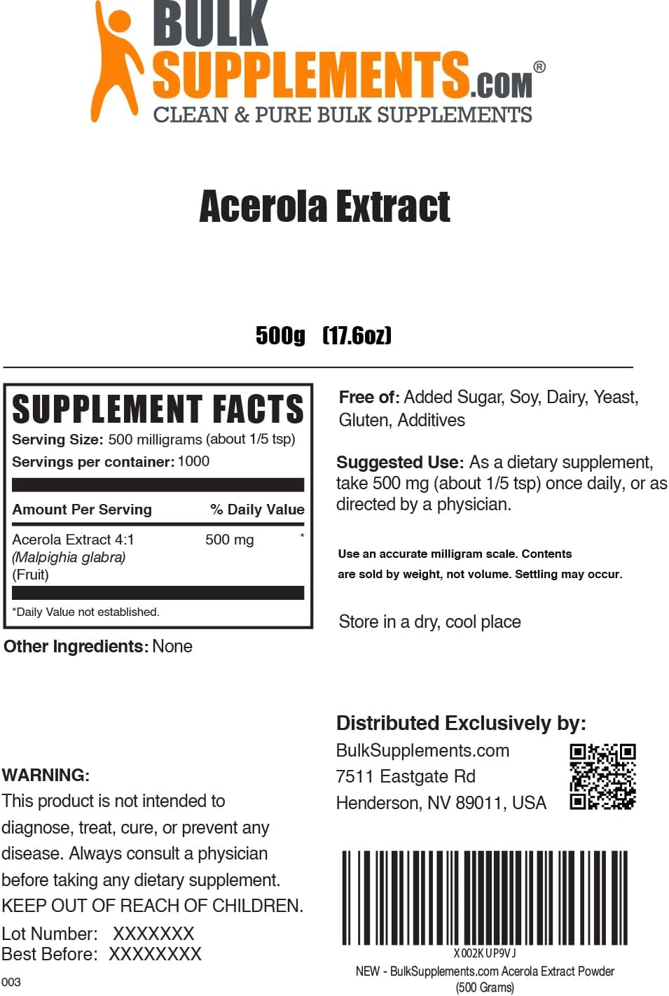 BULKSUPPLEMENTS.COM Acerola – Extracto de cereza en polvo, suplemento natural de vitamina C, polvo de cereza de acerola, vegano y sin gluten, 500 mg