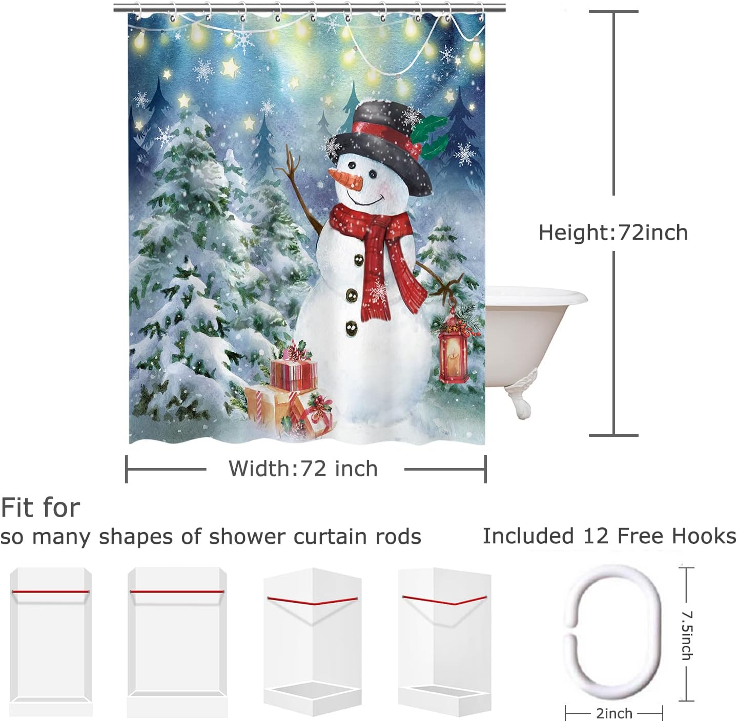 LIVILAN Cortina de ducha de Navidad, juego de cortinas de ducha de muñeco de nieve con 12 ganchos, cortinas de ducha de nieve navideñas para baño,