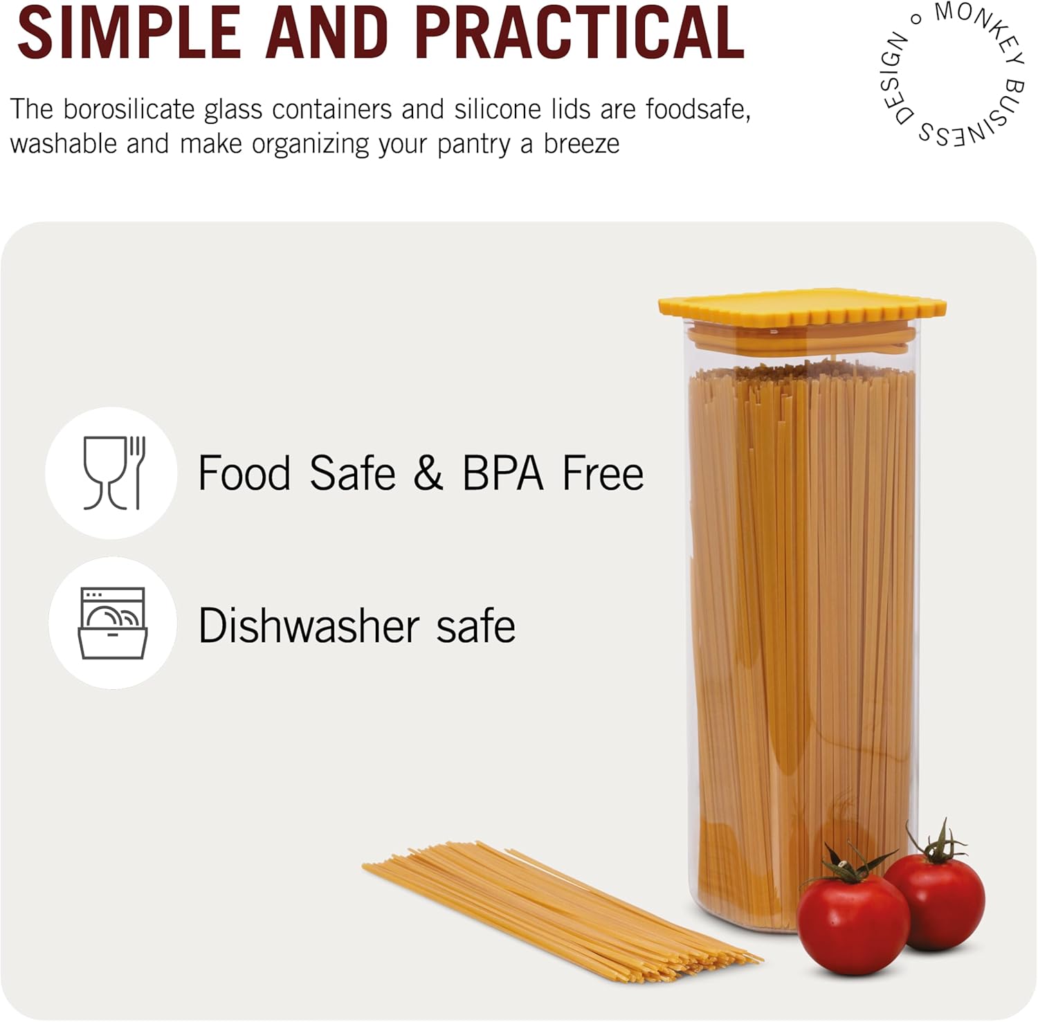 Monkey Business GLASTA Recipiente de vidrio para alimentos con tapa hermética, tarro de almacenamiento de alimentos de vidrio transparente con tapa