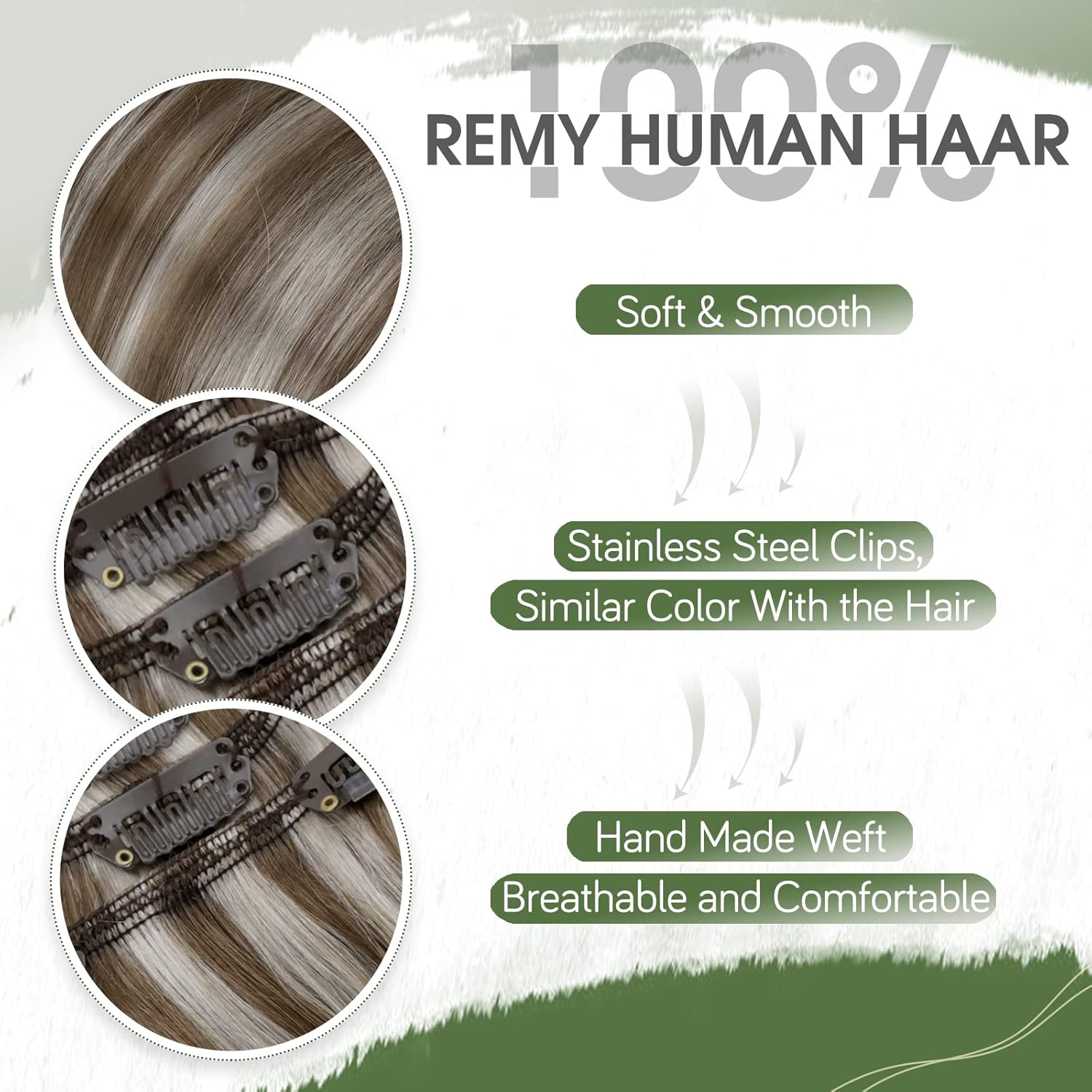 Hetto Extensiones de cabello humano con clip, de 18 pulgadas, sin costuras, color marrón claro, rubio decolorado, extensiones de cabello humano