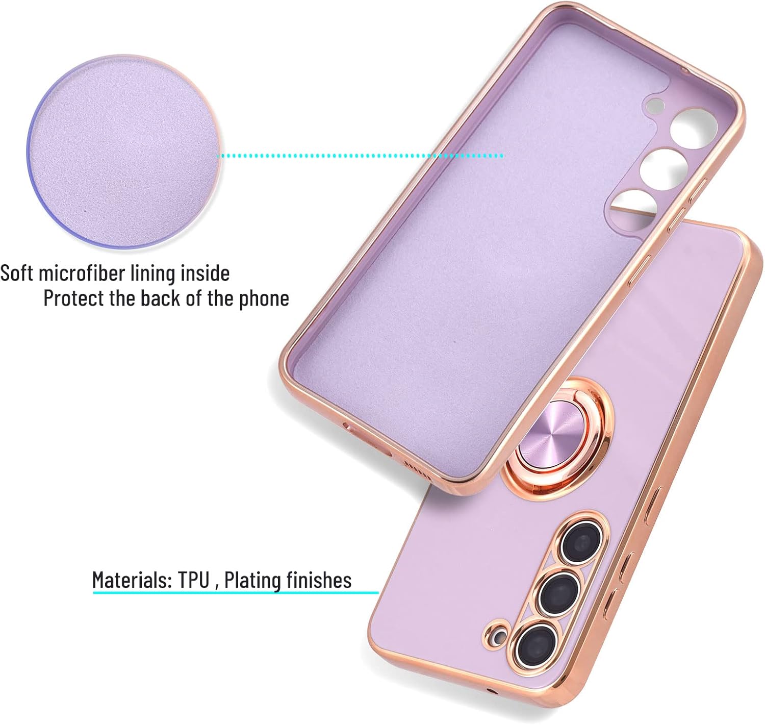 Funda protectora para Samsung Galaxy S23, delgada galvanizada protectora Samsung Galaxy S23 con soporte giratorio, funda protectora a prueba de