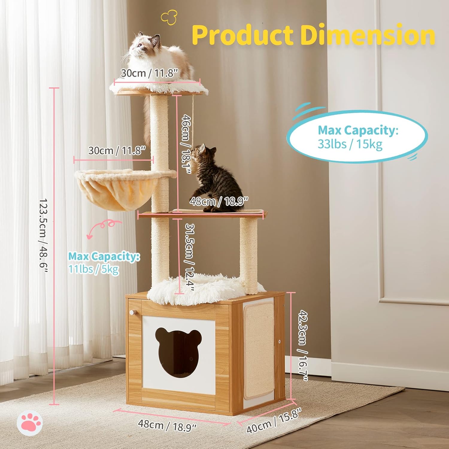 Made4Pets – Árbol para gatos con caja de arena, torre moderna 2 en 1 para gatos de interior, condominio de madera de 48.6 pulgadas con poste