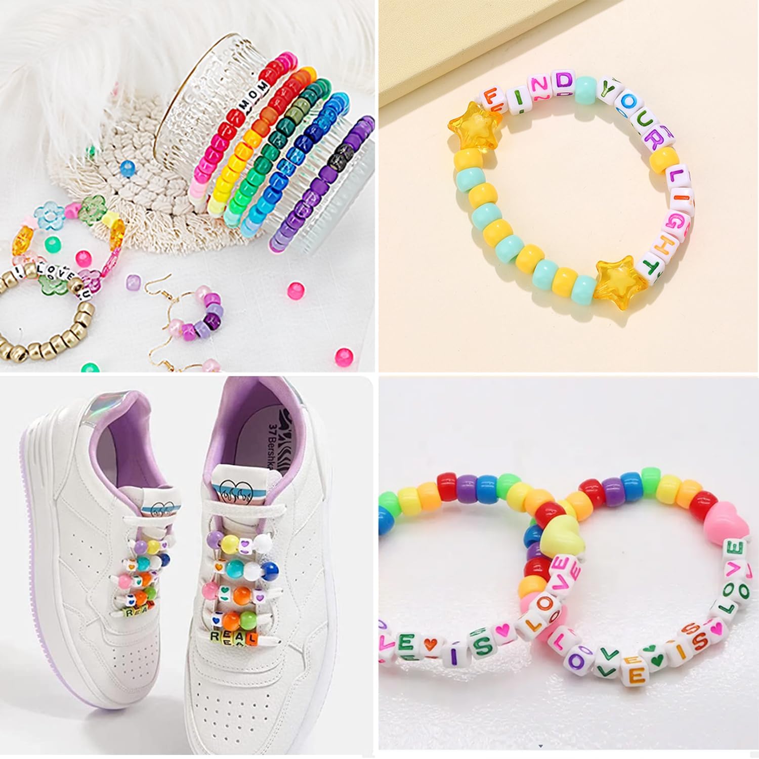 MIIIM Kit de pulsera Kandi de 3400 piezas, 48 colores, 2400 cuentas de pony arcoíris, 800 cuentas de letras, 150 cuentas de cara sonriente, cuentas