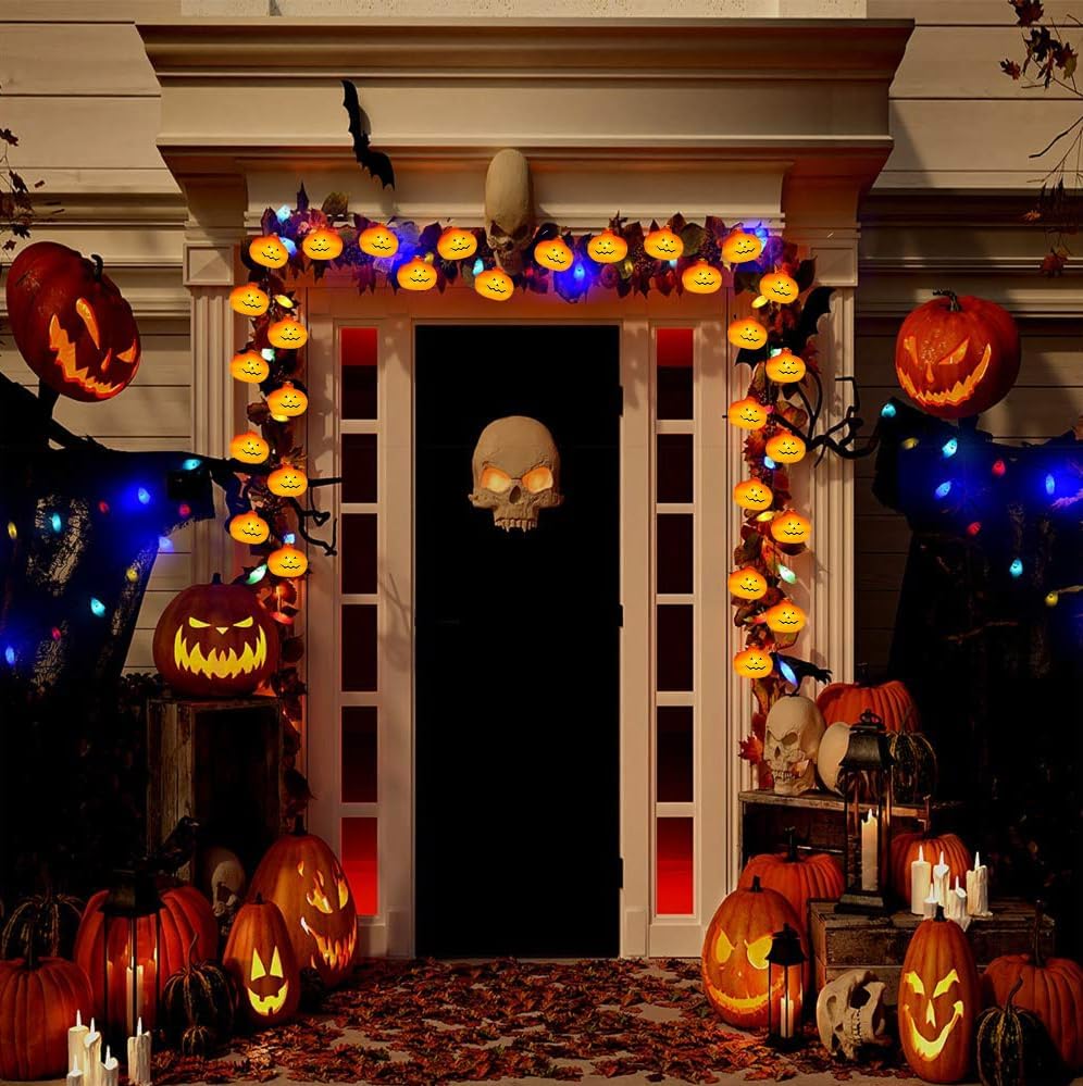 Guirnalda de luces de calabaza de Halloween, 17 pies, alimentadas por energía solar, 40 luces LED, luces Jack O Lantern, impermeables, decoraciones