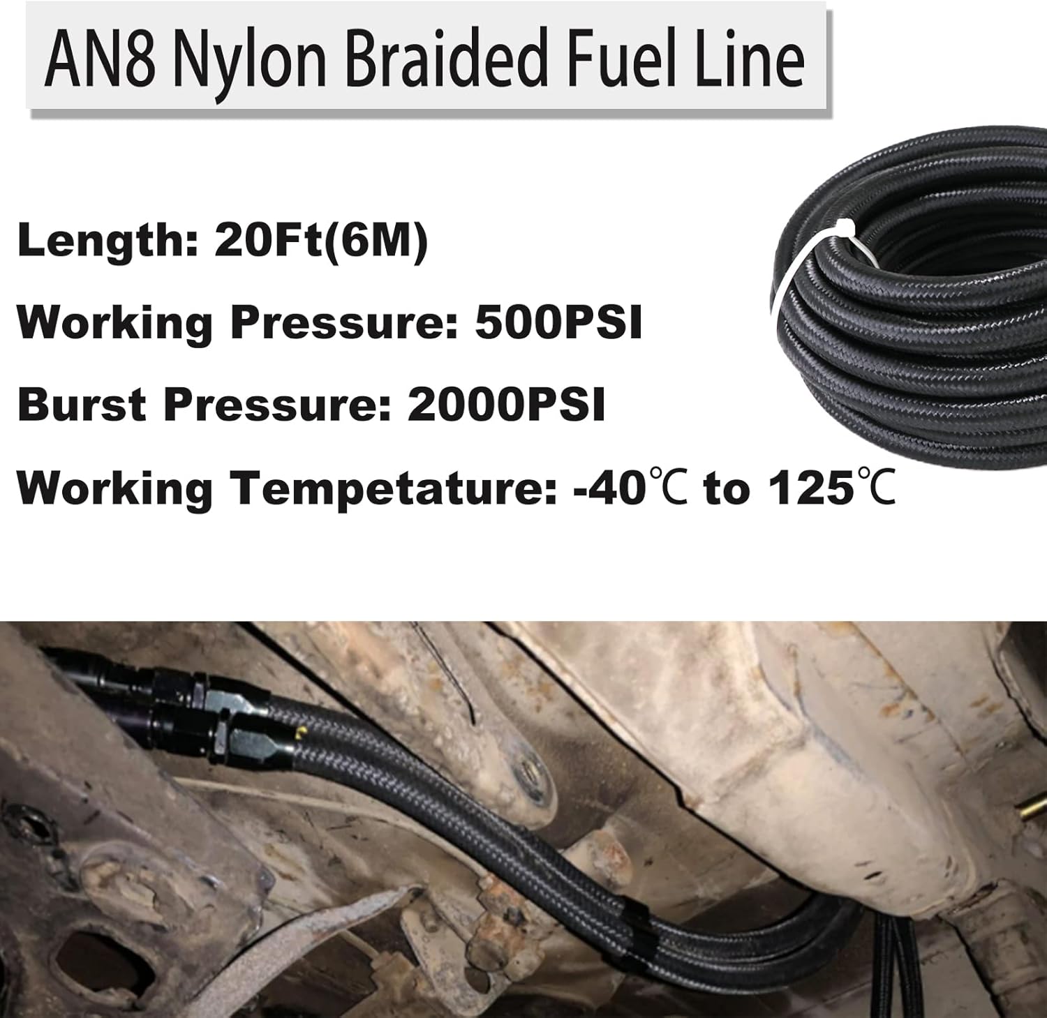 8AN – Kit de montaje de manguera de línea de combustible de 20 pies, de nailon trenzado, línea de combustible de acero inoxidable + kit de extremo