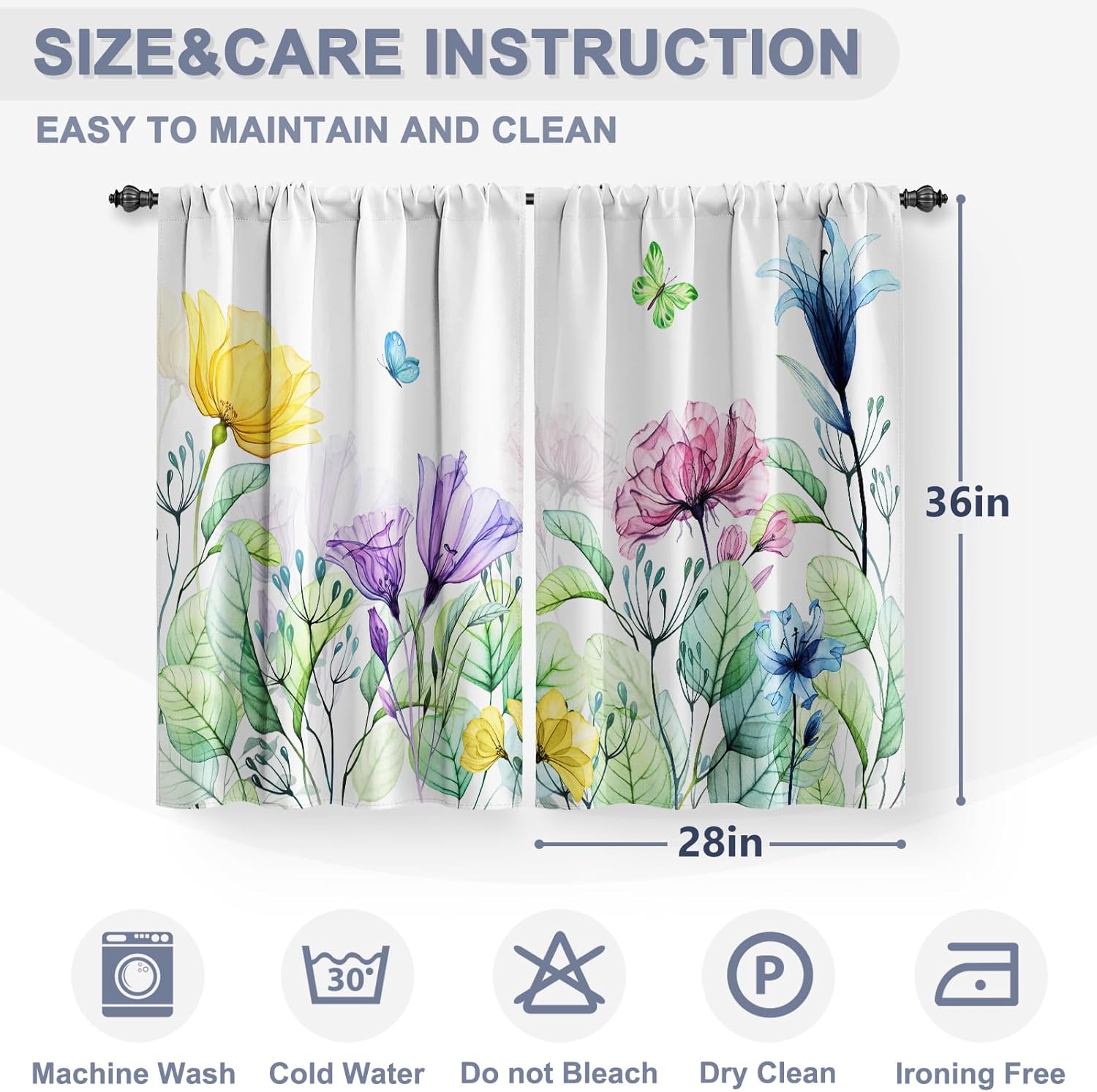 Jekeno Cortinas de cocina florales de acuarela flores y hojas de mariposa botánicas cortas para cafetería, decoración para sala de estar, cortinas