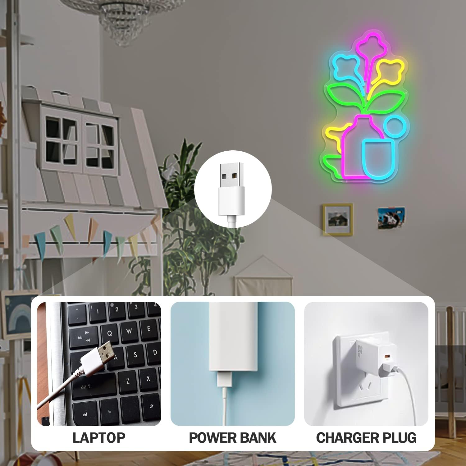 Letrero de neón de flores regulables, letreros de luces de neón para pared, multicolor, con forma de flor, letreros LED para plantas, letreros de