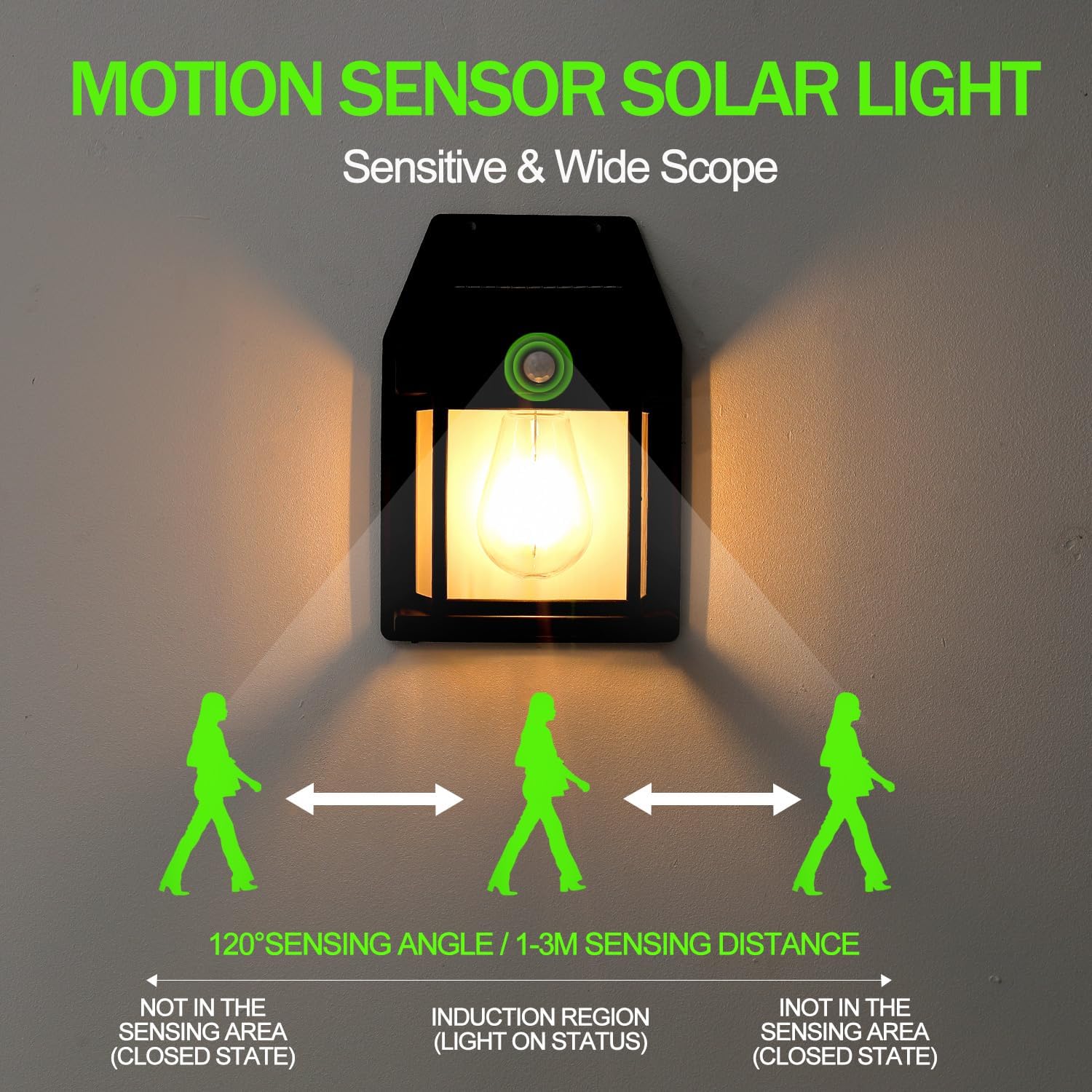 Kunhe Paquete de 4 luces de pared de movimiento con sensor solar para exteriores, lámparas de tungsteno, faroles de patio y porche exterior