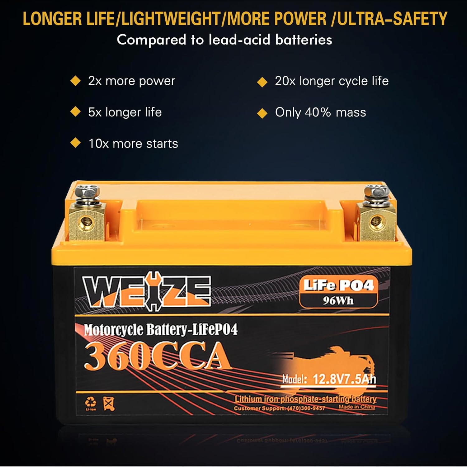 Weize YTX14-BS – Batería de litio, 360CCA, BMS inteligente integrado, 12 v, 7.5AH, YTX9-BS, LiFePO4, YTX12-BS, para motocicleta, cuatrimoto,