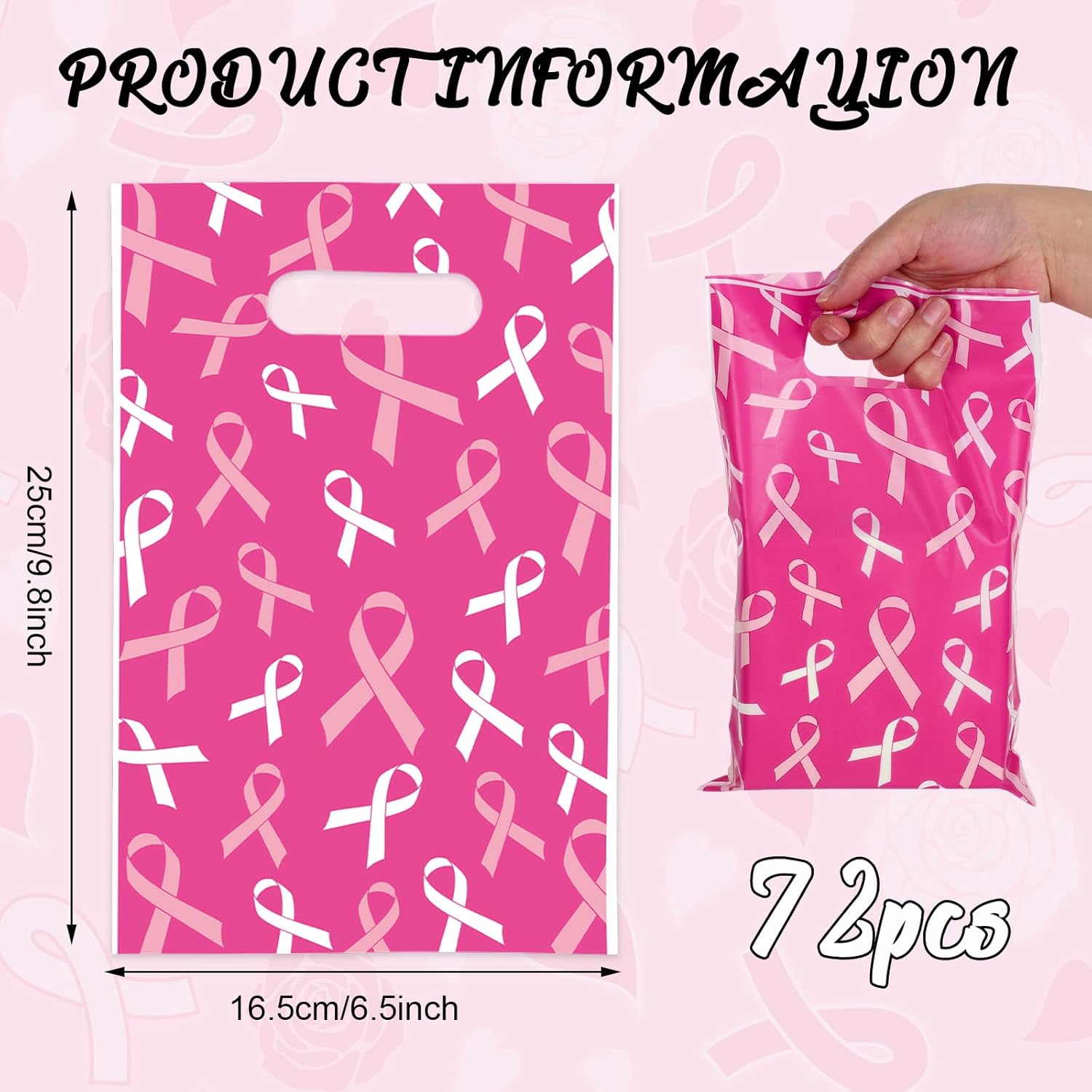 Whaline 72 bolsas de regalo para concientización sobre el cáncer de mama, bolsas de regalo de cinta rosa, bolsas de plástico para dulces, bolsas de