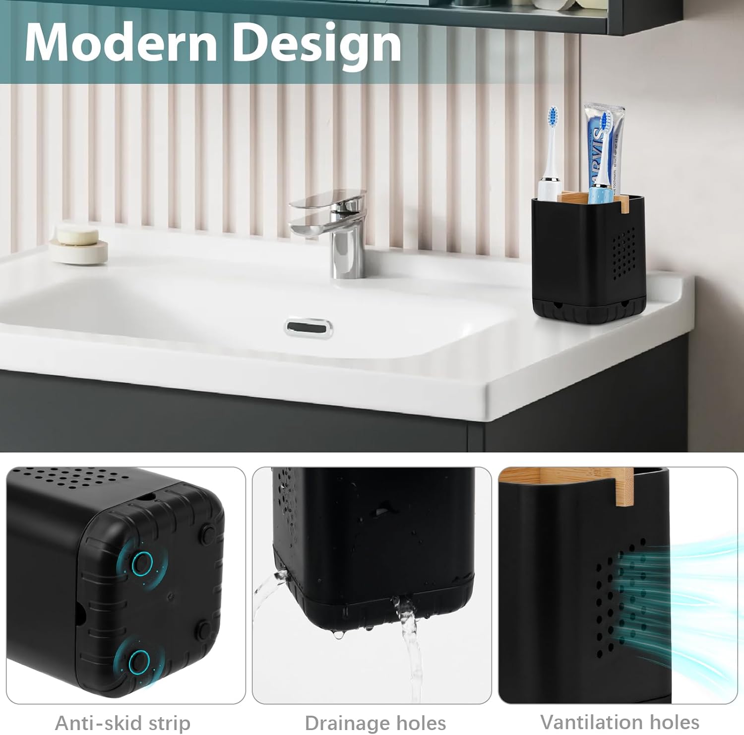 Boperzi Portacepillos de dientes negros para baño, soporte eléctrico para cepillos de dientes con divisor de bambú, cepillo de dientes