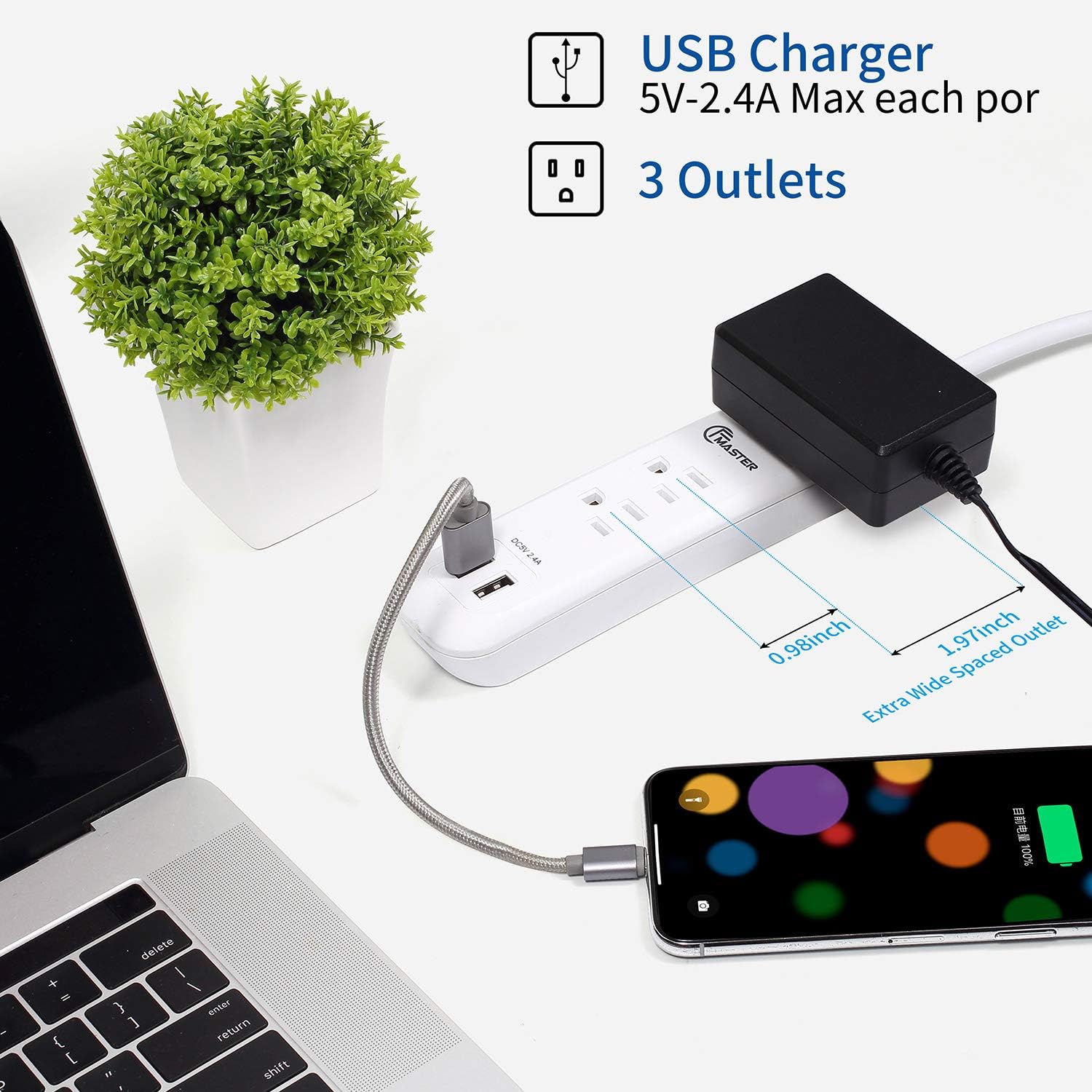 Tira de alimentación USB con protector de sobretensiones, cable de extensión largo de 6 pies, 3 tomas, 2 puertos USB (2.4A12W), protección contra