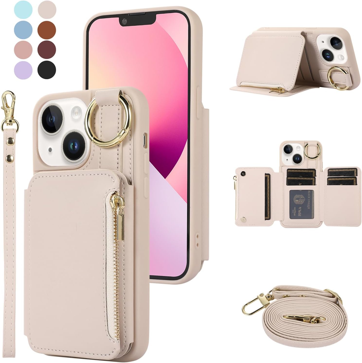 TopPerfekt Funda cruzada para iPhone 14 iPhone 13 con tarjetero y correa para la muñeca para el hombro, cordón de cuero con cremallera, cartera con