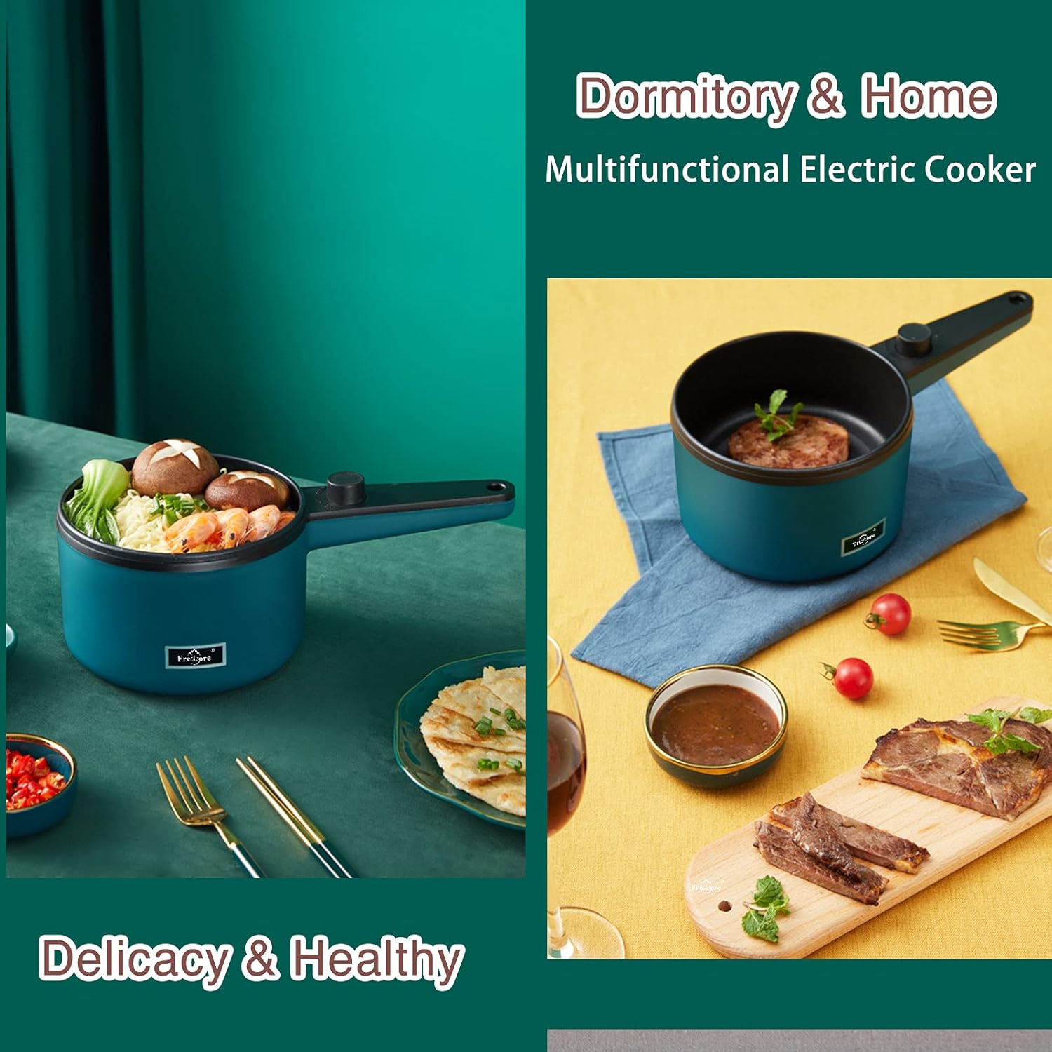 Eléctrica antiadherente 1.2L Mini olla olla multifuncional cocina con control de temperatura, verde Morandi