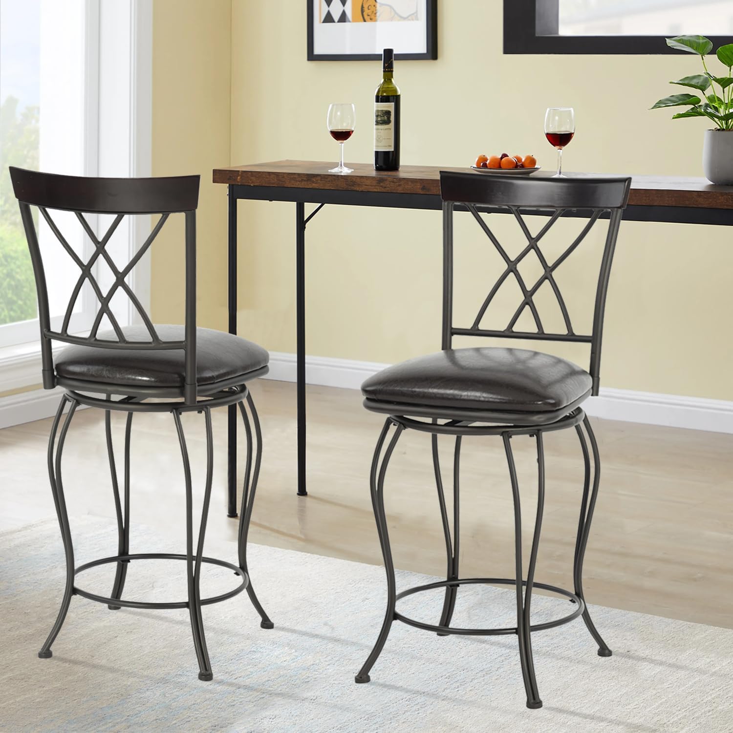 FurnitureR Juego de 2 taburetes de bar clásicos, elegantes taburetes de bar giratorios con respaldo de metal y reposapiés para cocina, isla, pub,
