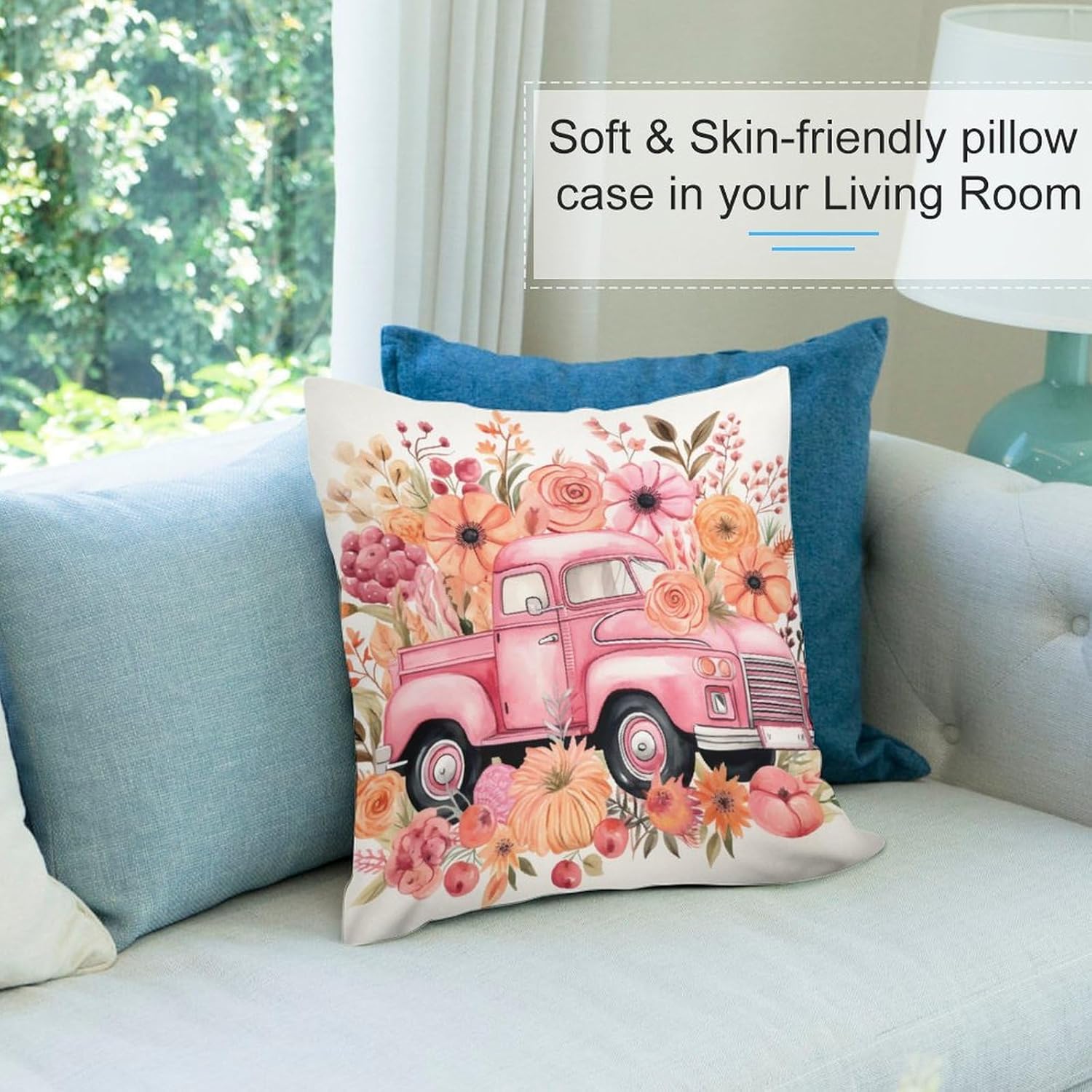 Fundas de almohada de 20 x 20 pulgadas, diseño de acuarela rosa con estampado de flores de calabaza y camión rosa, suave, estampado de doble cara,