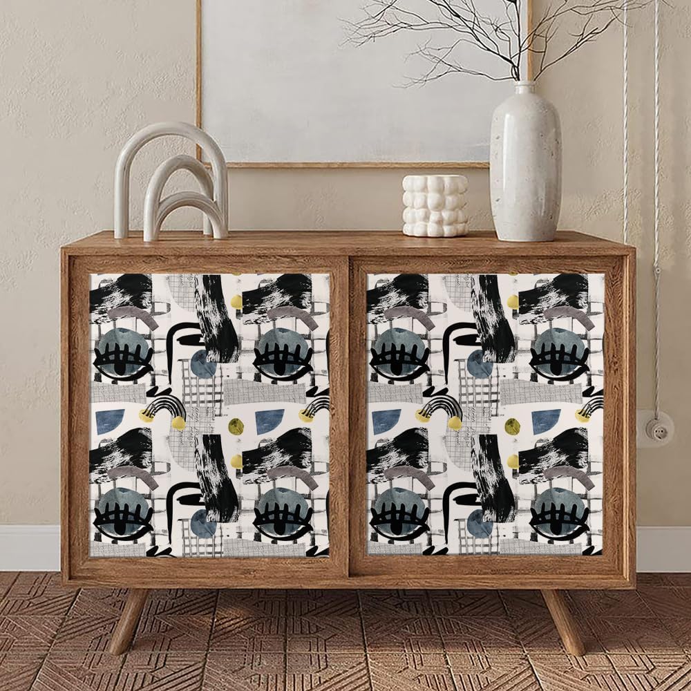 Papel tapiz abstracto de 17.7 x 236 pulgadas, papel tapiz de cara humana en blanco y negro, bohemio, fácil de despegar, moderno, autoadhesivo,