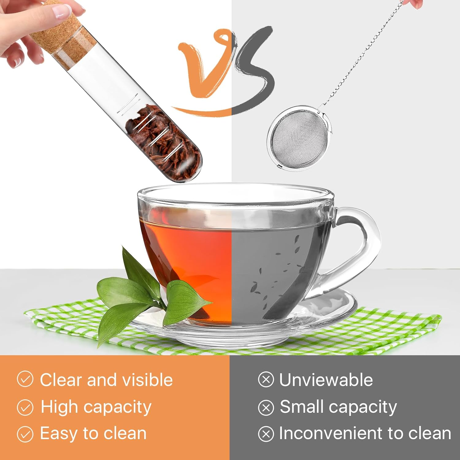 Infusor de té de vidrio, coladores de vidrio con tapa de corcho, difusor de vidrio reutilizable para té y té sueltos, colador de té transparente