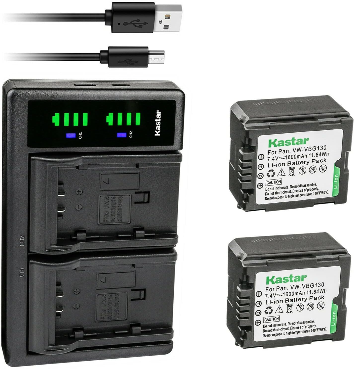 Kastar Paquete de 2 baterías VW-VBG130 y cargador USB LTD2 de repuesto para Panasonic VDR-D50, VDR-D51, VDR-D210, VDR-D220, Panasonic VW-VBG070,