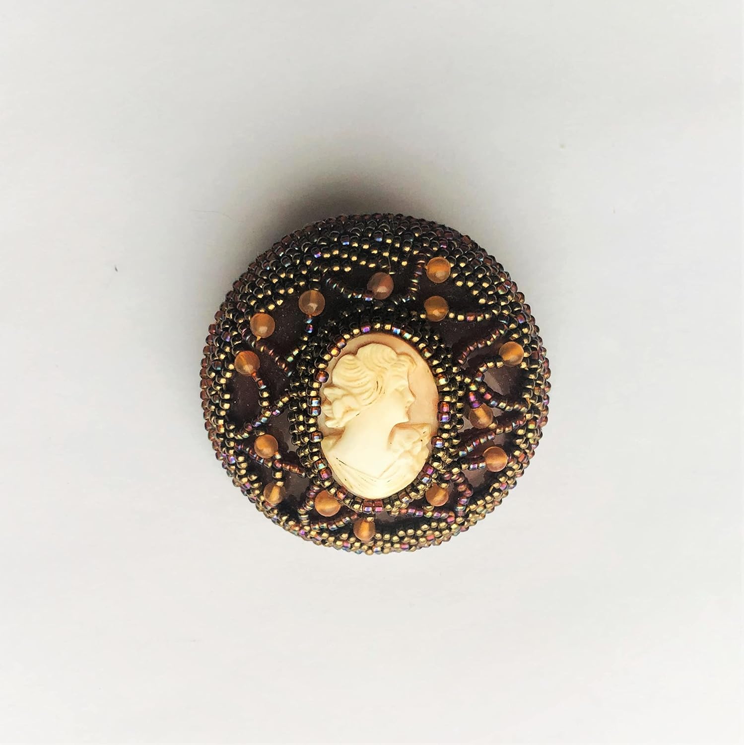 Victorian Genuine Cameo Brooch Embroidered OOAK Beadwoven Coffee Mocha Bronze Ladies of Style Gift