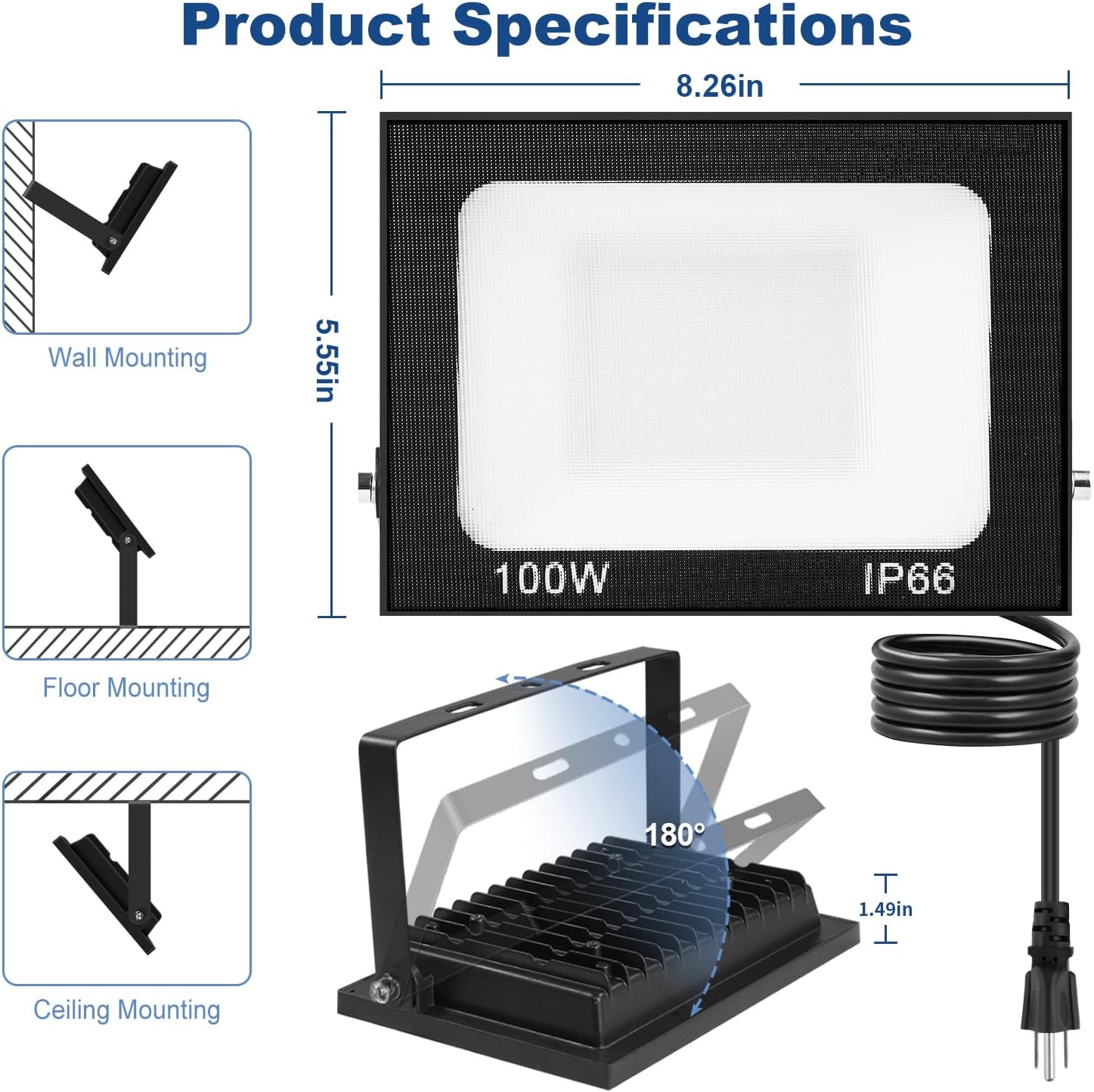 Paquete de 2 luces LED de inundación para exteriores de 100 W con enchufe de 10,000 lm, luz de trabajo LED súper brillante, IP66, impermeable, para