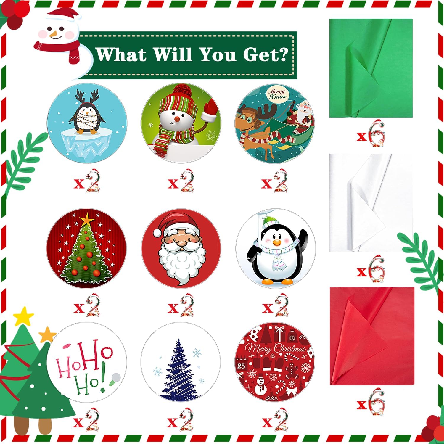 Elephant-package Paquete de 18 bolsas de papel de regalo de Navidad con papel de seda a granel, bolsas de regalo de Navidad medianas con diseños