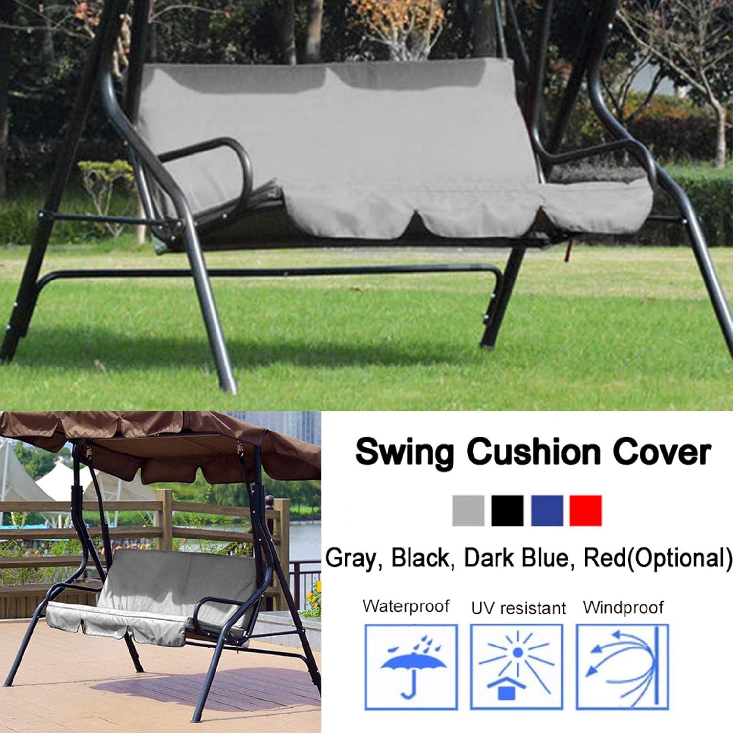 Cojín de repuesto para silla de 3 asientos, impermeable, de repuesto, para columpio, funda para columpio, para patio, jardín, patio (gris)